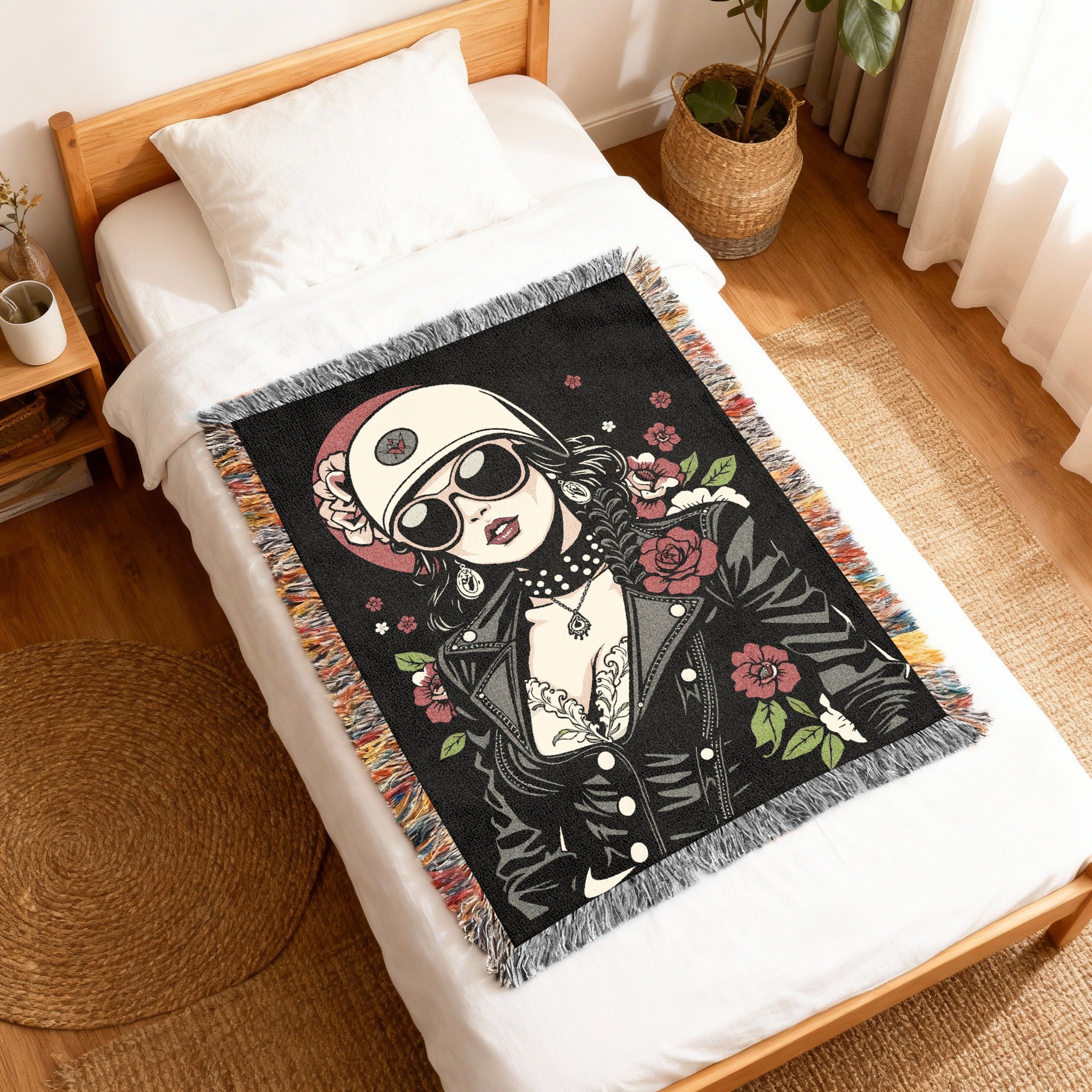 Retro Biker Lady with Sunglasses and Roses Blanket