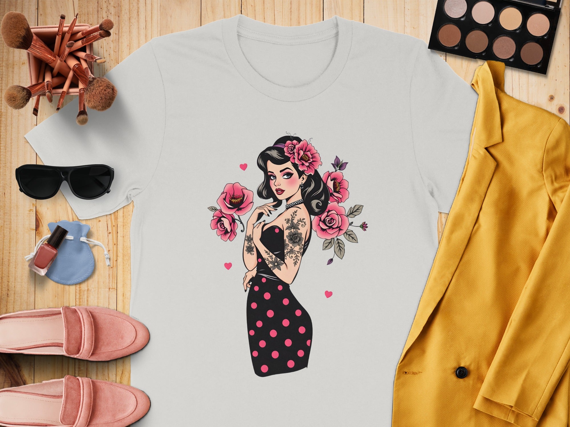 Stunning Black Haired Woman and Roses Graphic Tee
