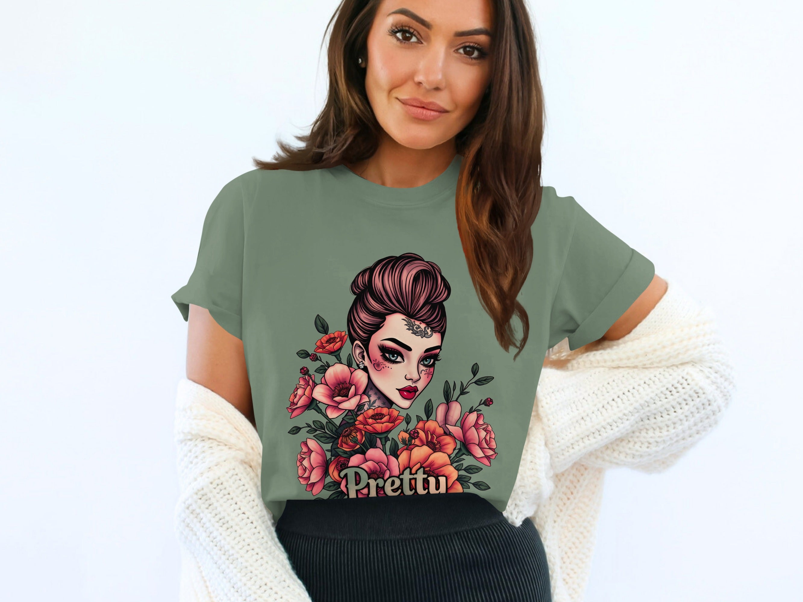 Pretty Woman with Floral Design Graphic T-shirt