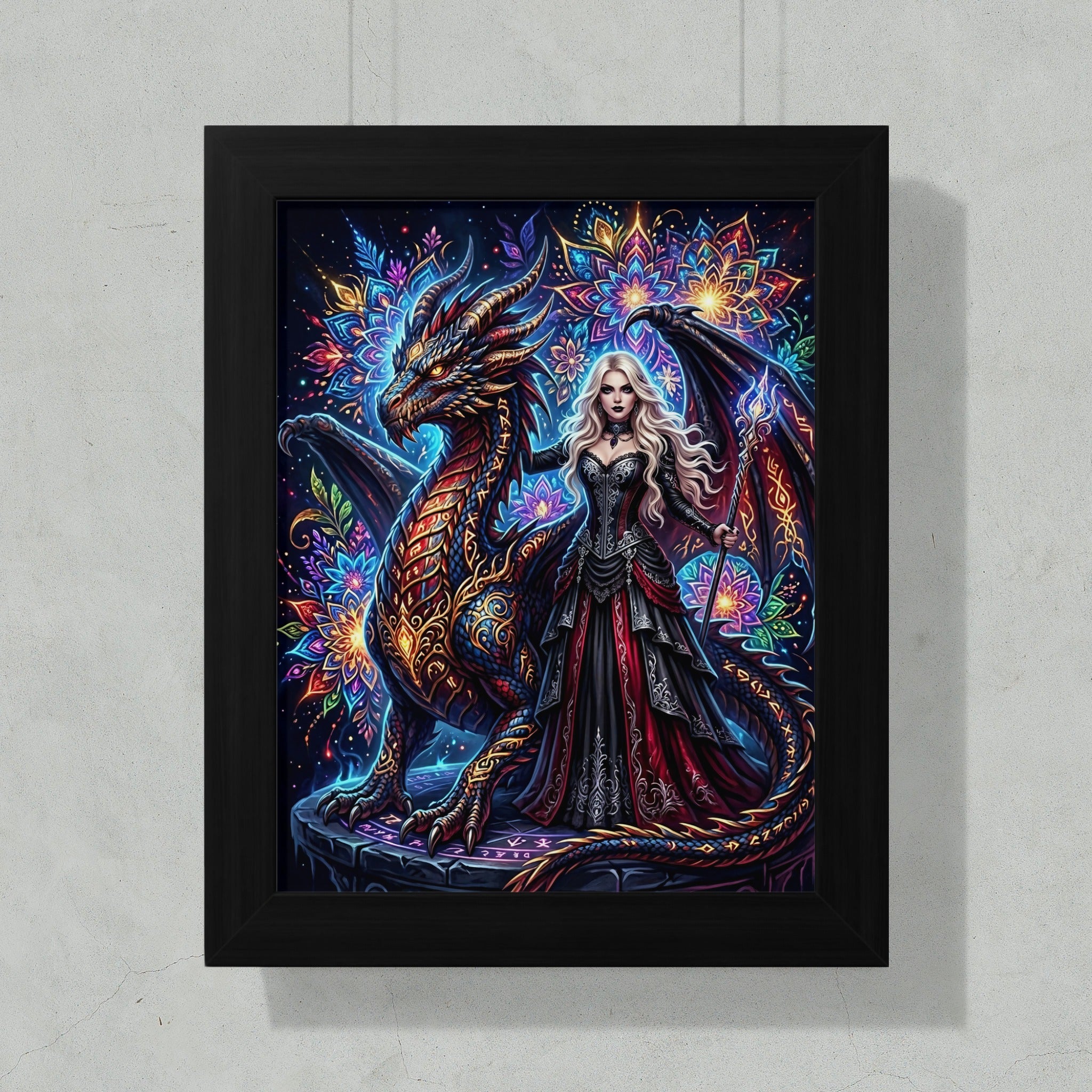 Woman in gothic dress with dragon and colorful mandala background.