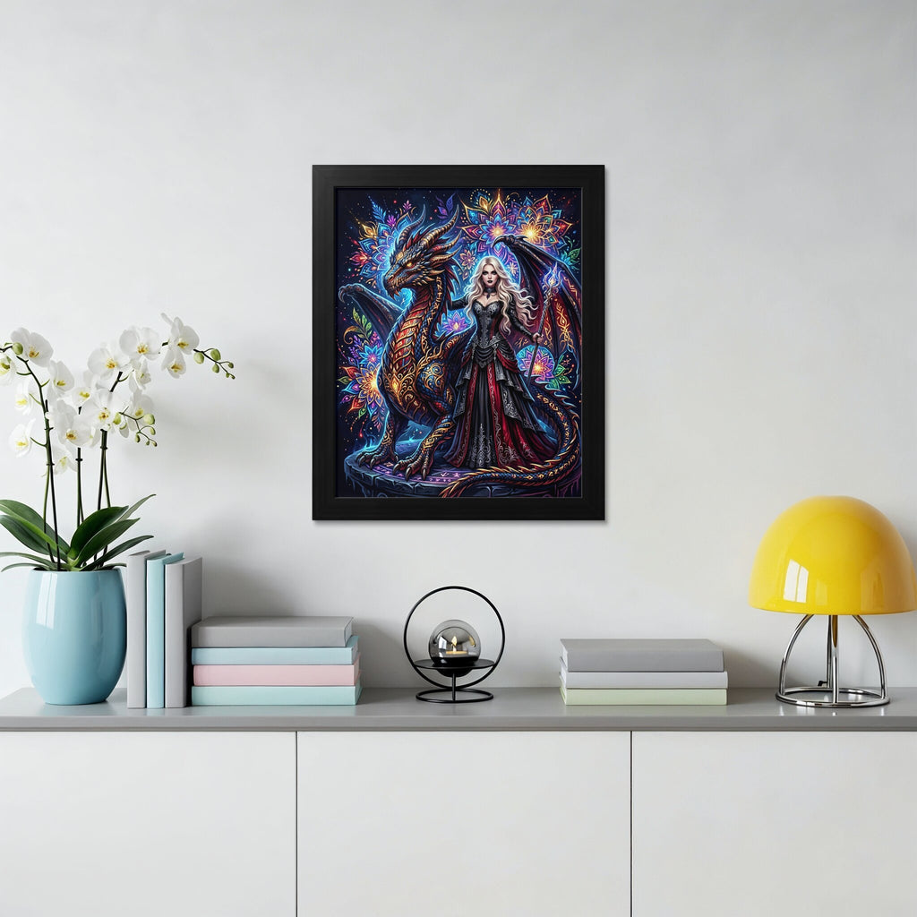 Woman with dragon in ornate, colorful fantasy artwork in a black frame.