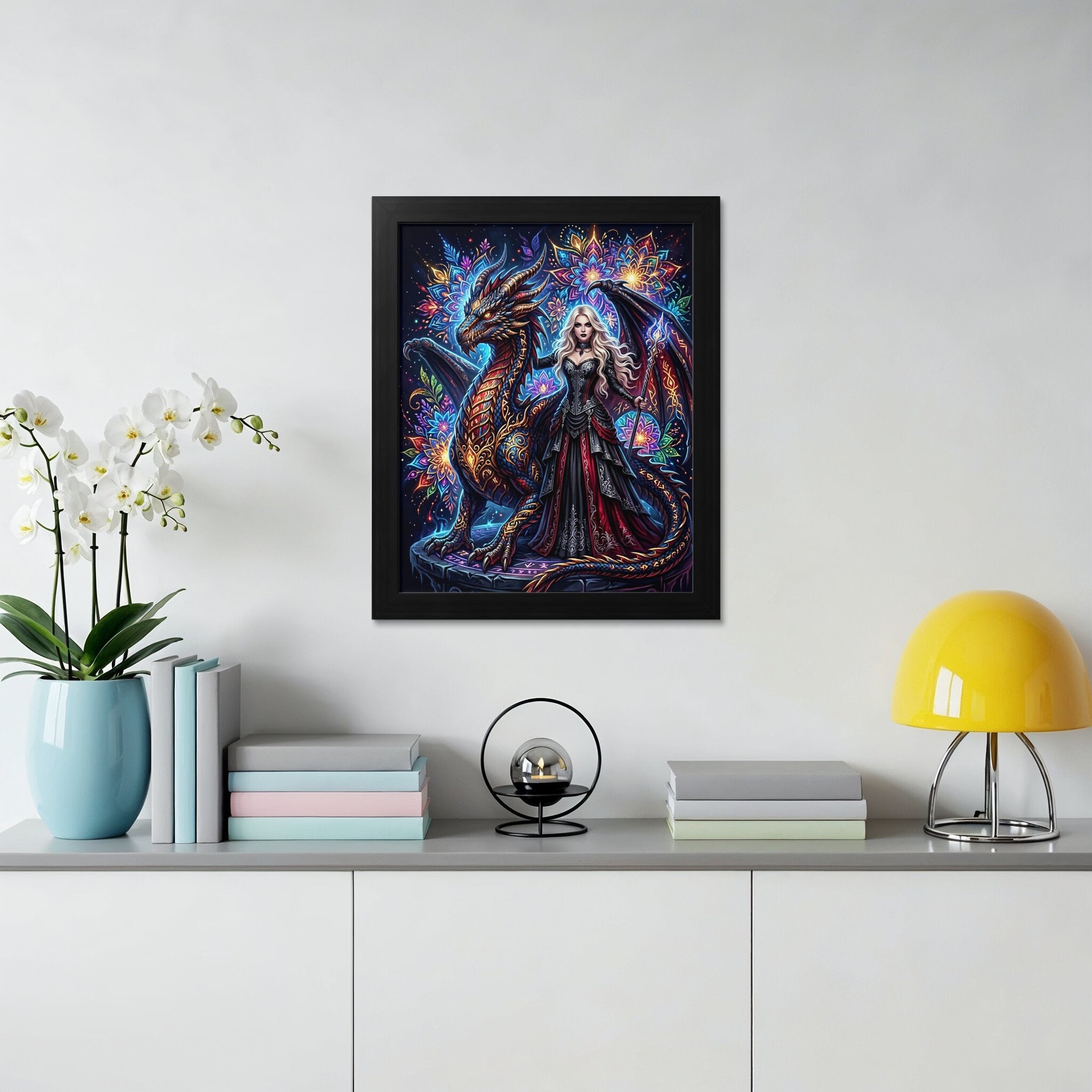 Woman with dragon in ornate, colorful fantasy artwork in a black frame.