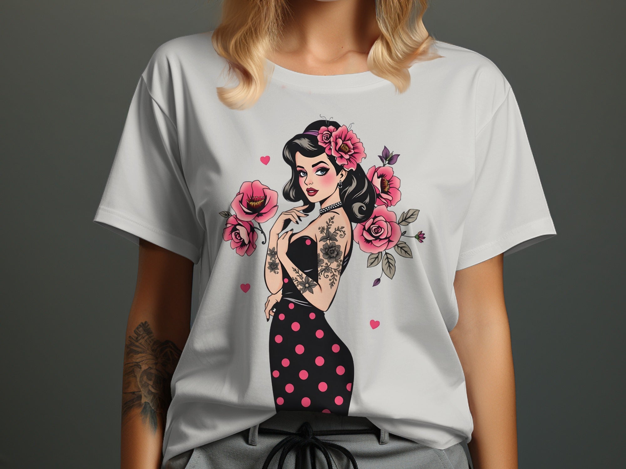 Stylish Tattooed Woman and Roses Graphic T-Shirt