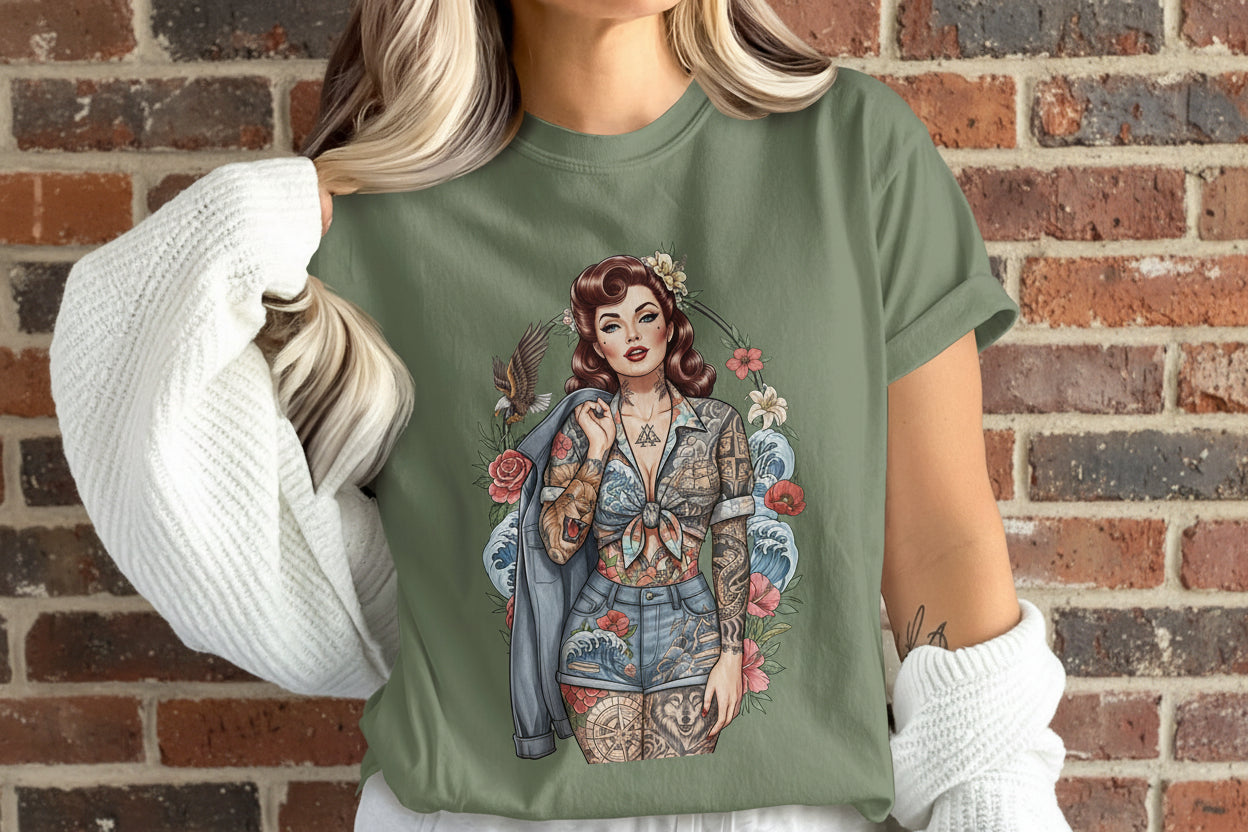 Pin Up Tattoo Girl Floral Wave Eagle Design product type