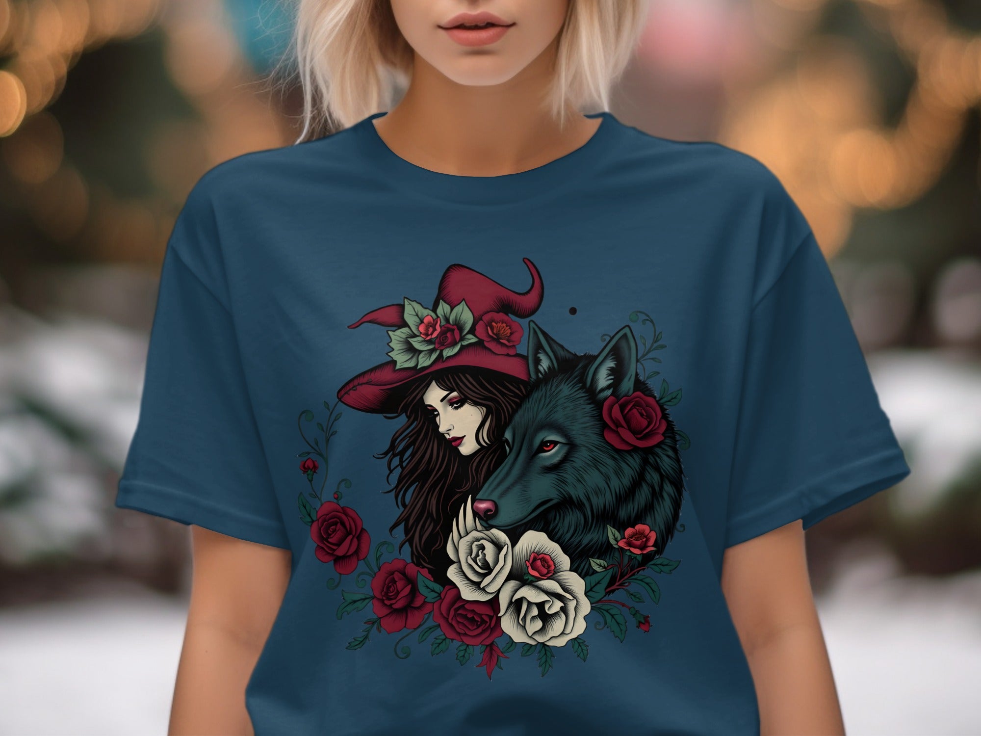 Witch and Wolf Floral Design Graphic T-shirt