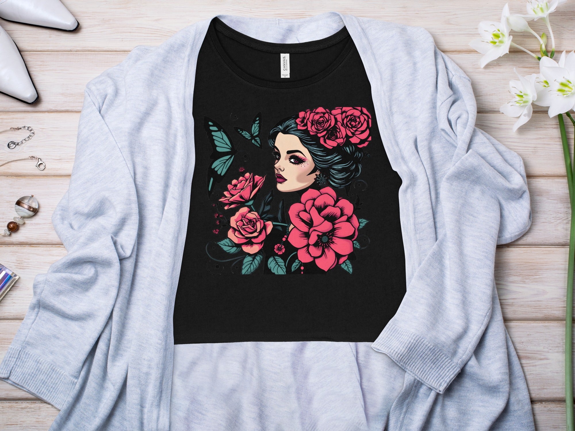 Colorful Floral and Butterfly Woman Black Shirt