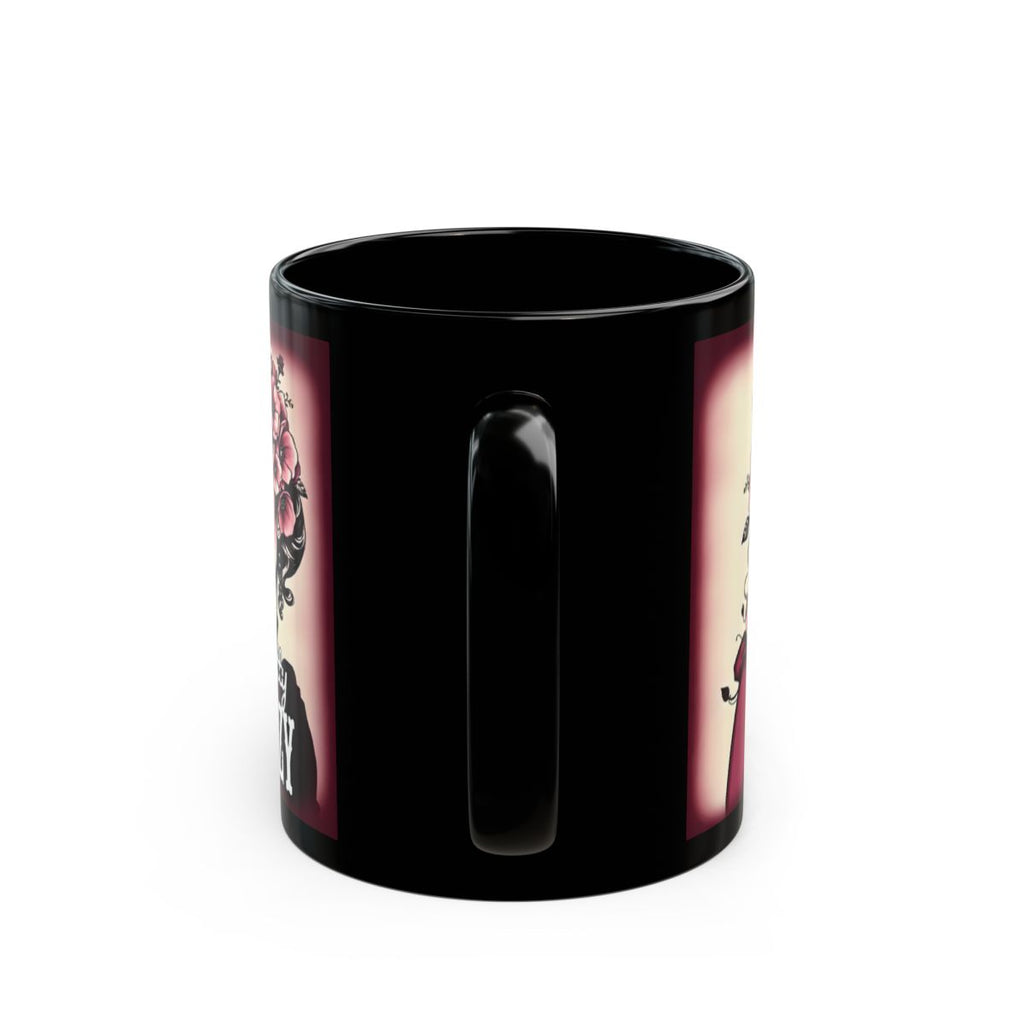 Skull with Floral Design on Black Ceramic Mug