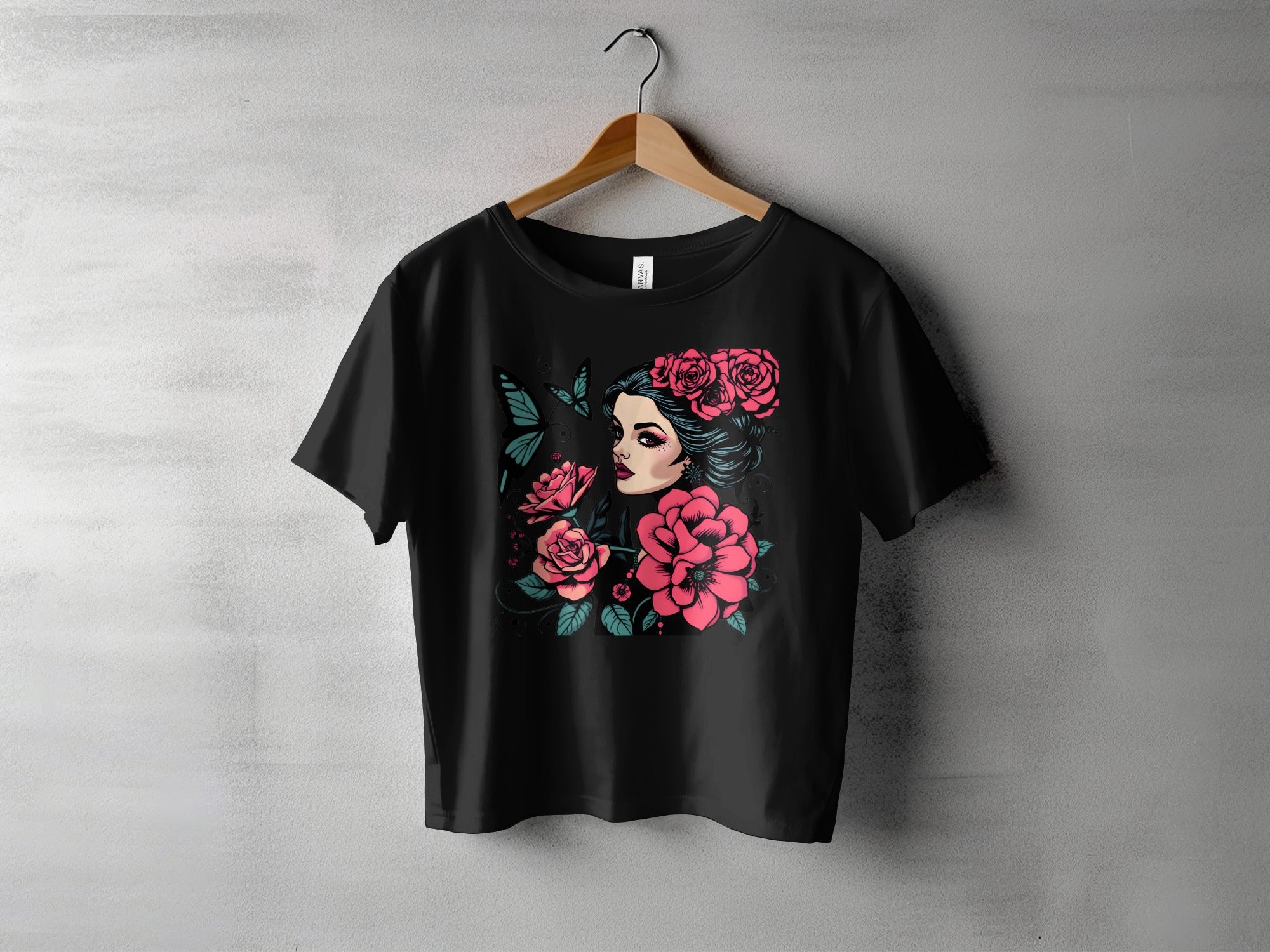 Floral Butterfly Girl Graphic Black T-Shirt Product
