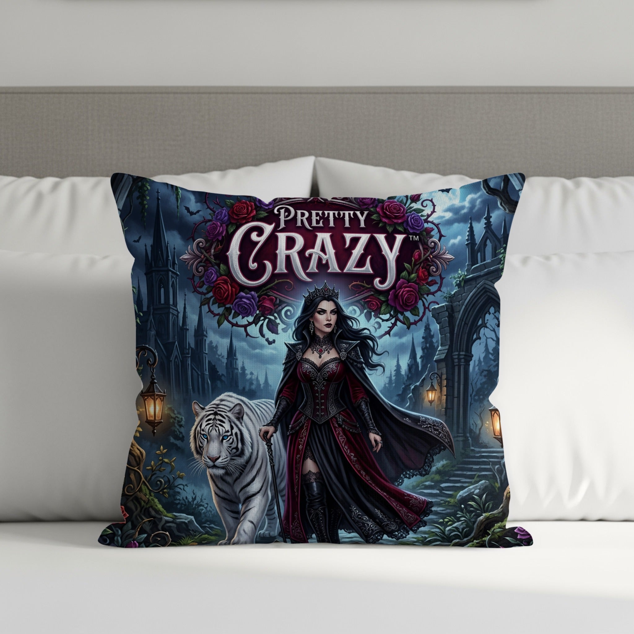 Gothic fantasy art pillow with dark queen and white tiger.