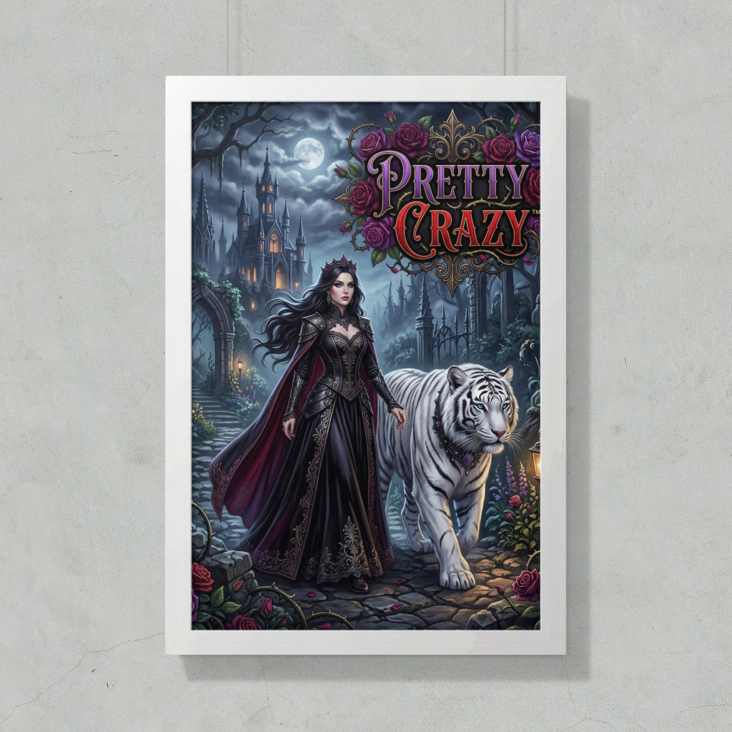 Woman in dark gown with crown beside white tiger in moonlight.