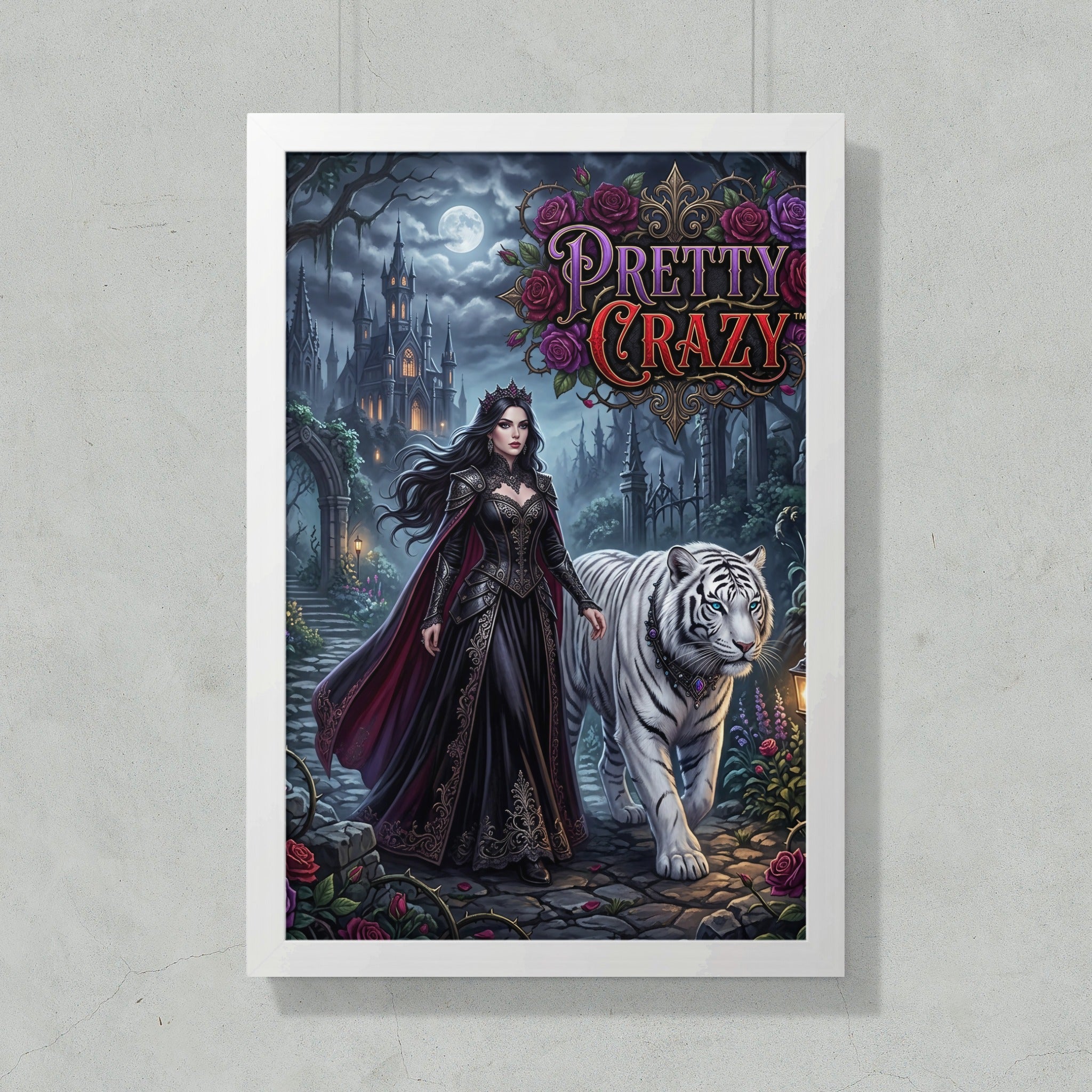 Woman in dark gown with crown beside white tiger in moonlight.