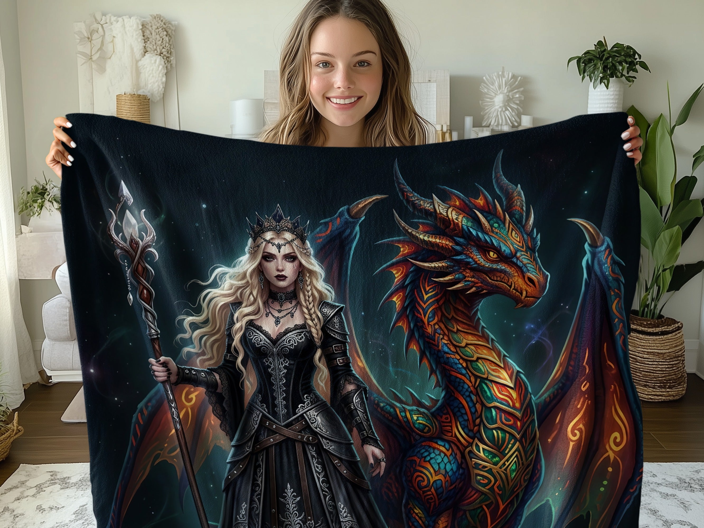 Woman holding a black blanket with a detailed dragon and queen design.