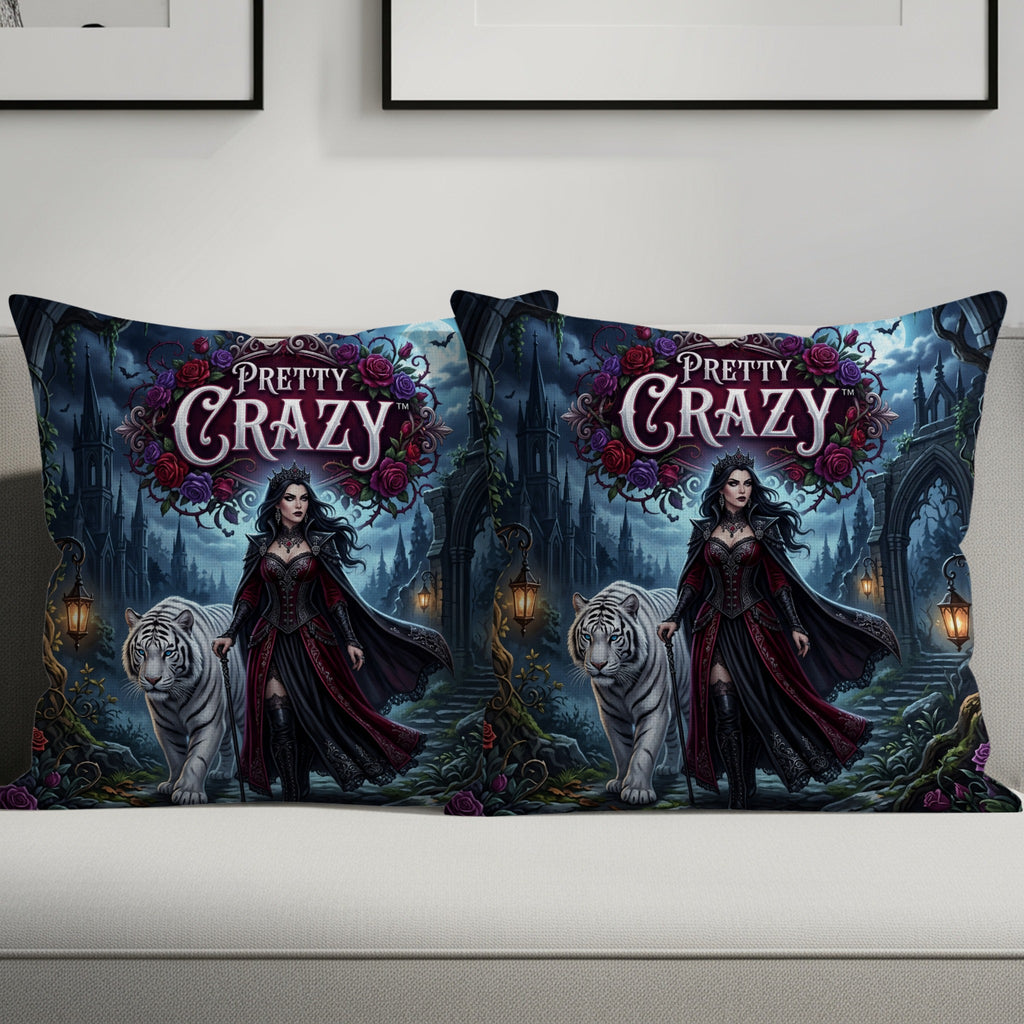 Gothic fantasy art of a woman with a white tiger and "PRETTY CRAZY" text.
