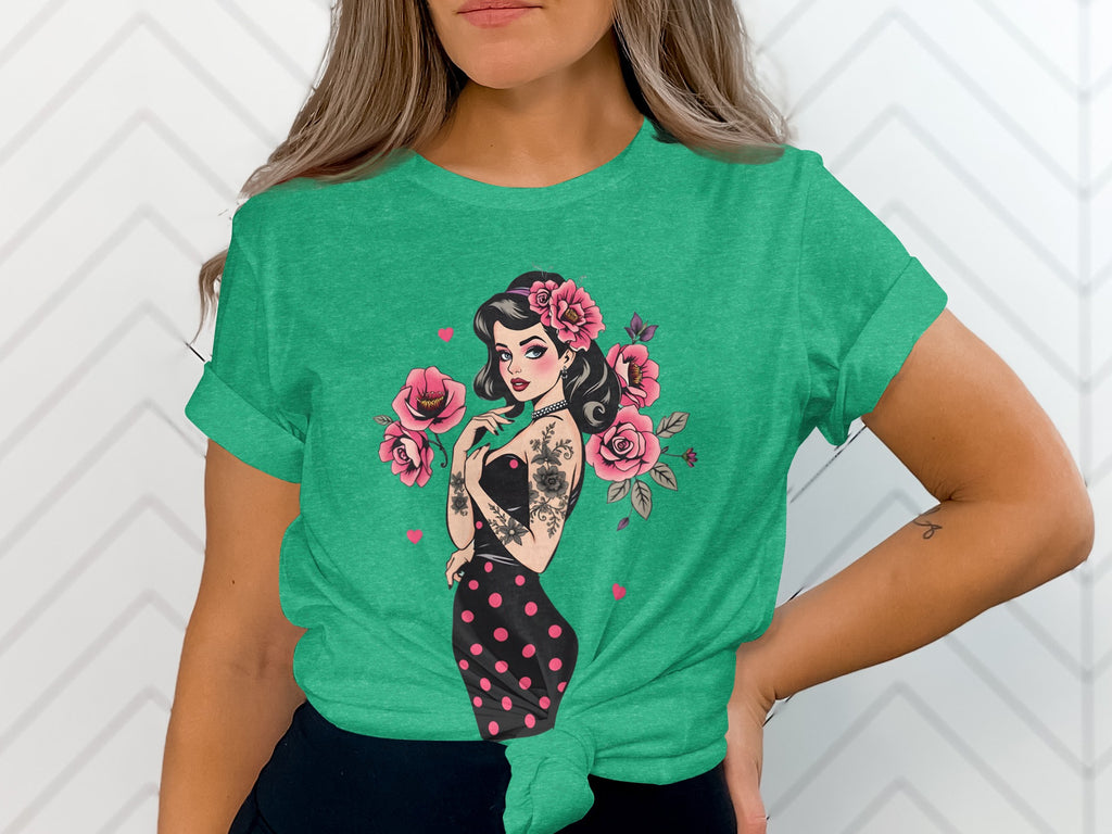 Retro Tattooed Woman with Roses Design Shirt