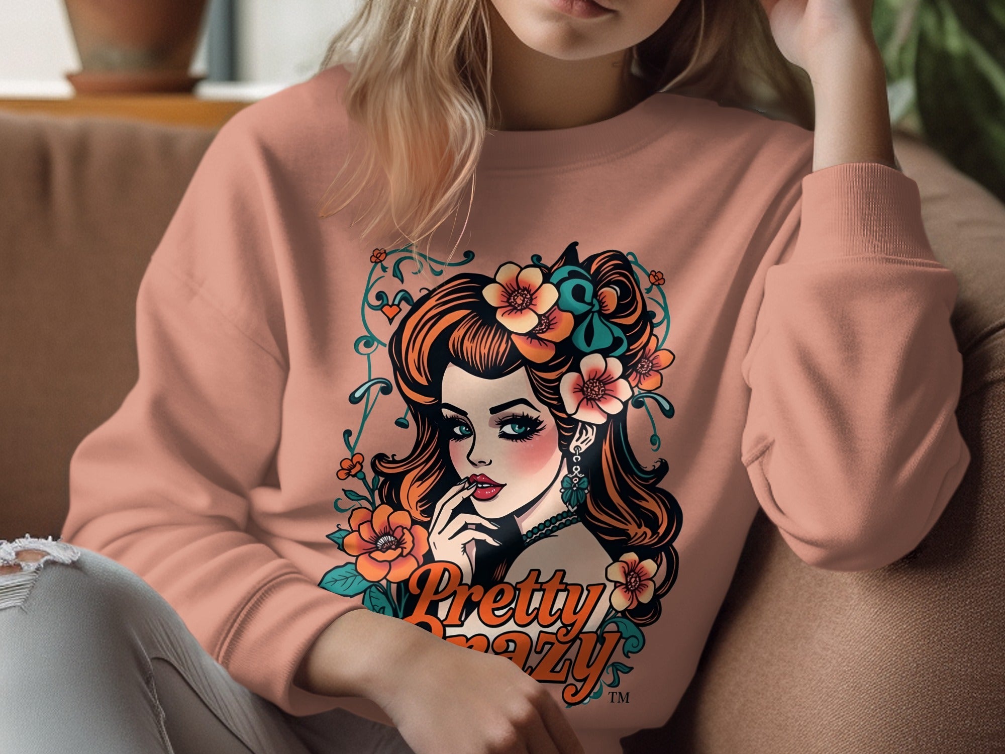 Pretty Grizzly Floral Graphic Art Print on Blush Pink Sweater