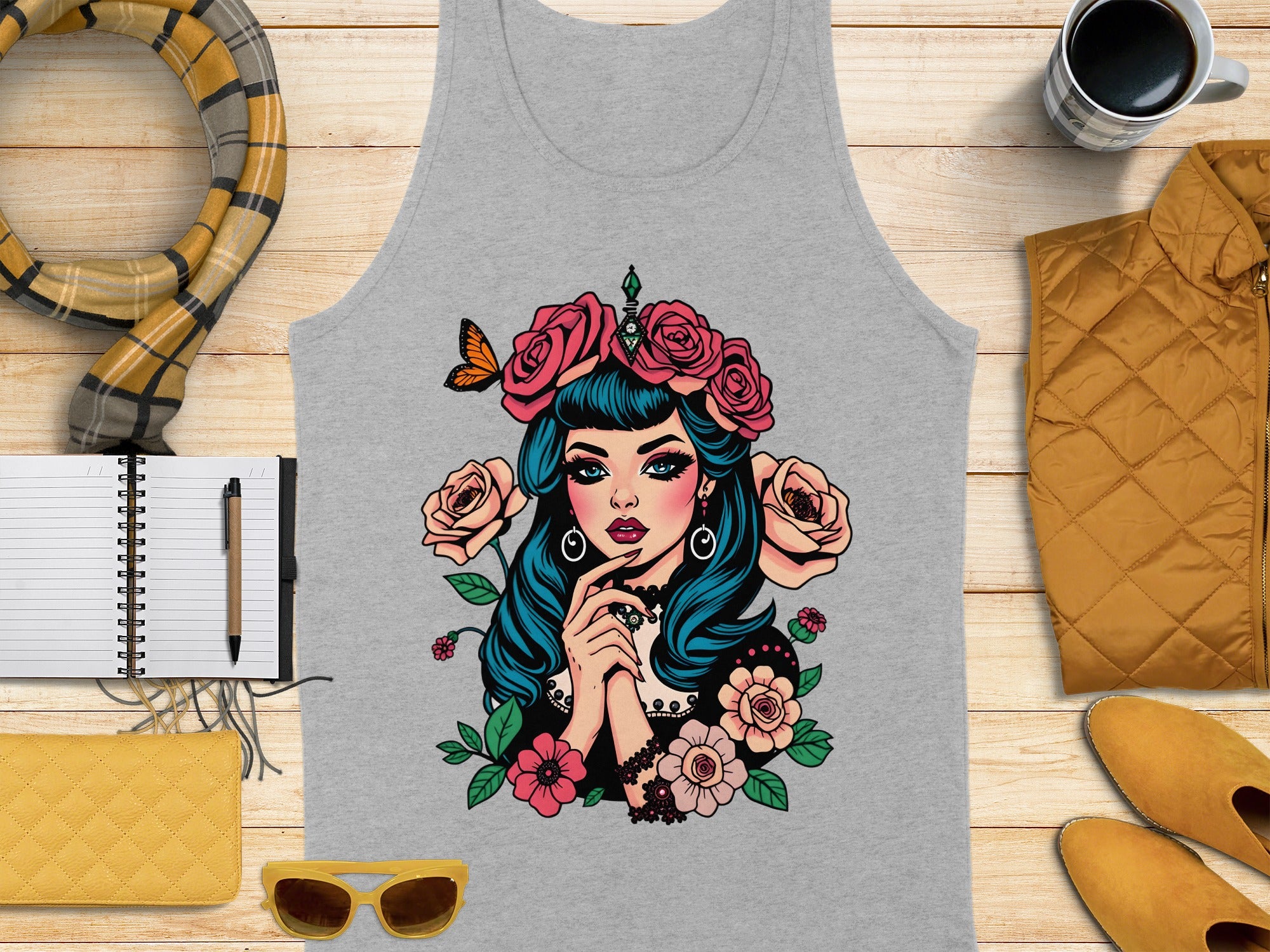 Vibrant Floral Art with Butterfly and Woman Tank Top