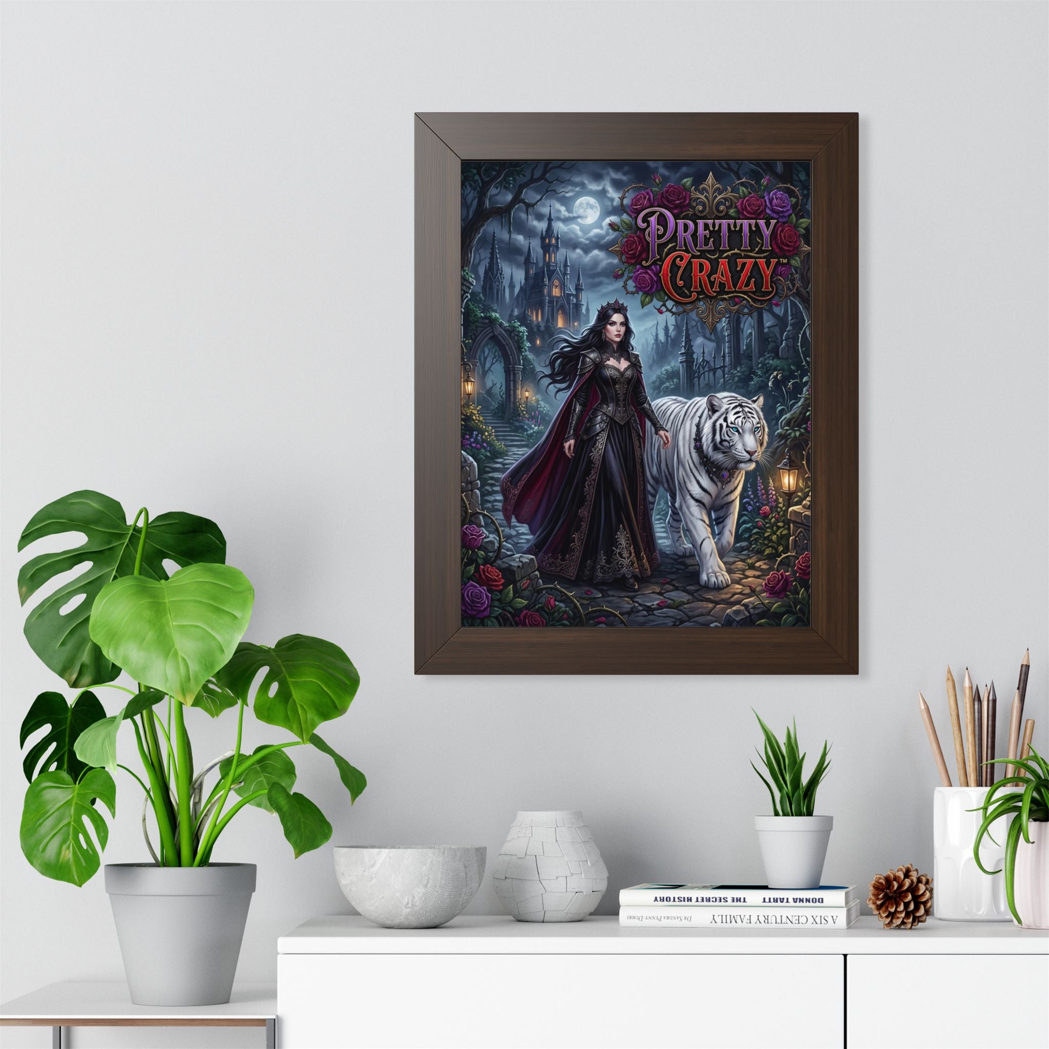 Fantasy illustration of a queen and white tiger in a moonlit castle garden.