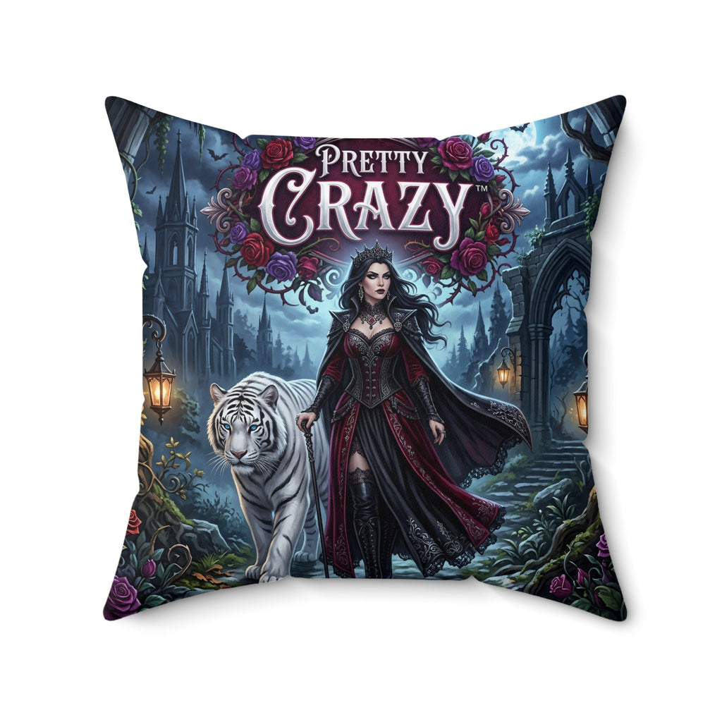 Woman in dark dress with white tiger in front of gothic castle, "Pretty Crazy" title.