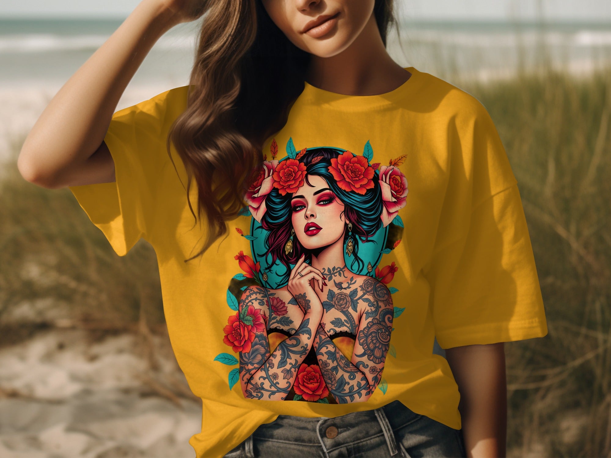 Colorful Tattooed Lady Graphic on Yellow Shirt Product