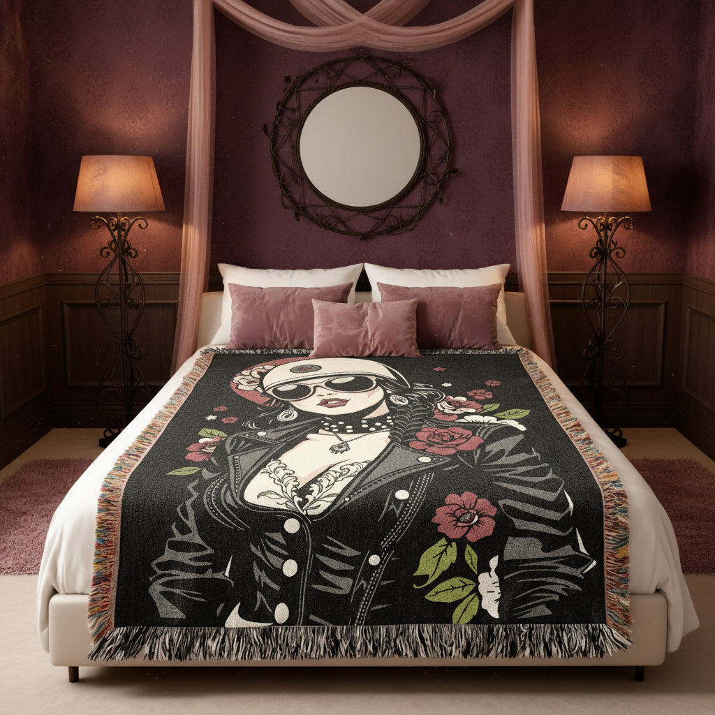 Vintage Biker Lady with Roses and Motorcycle Graphics Blanket