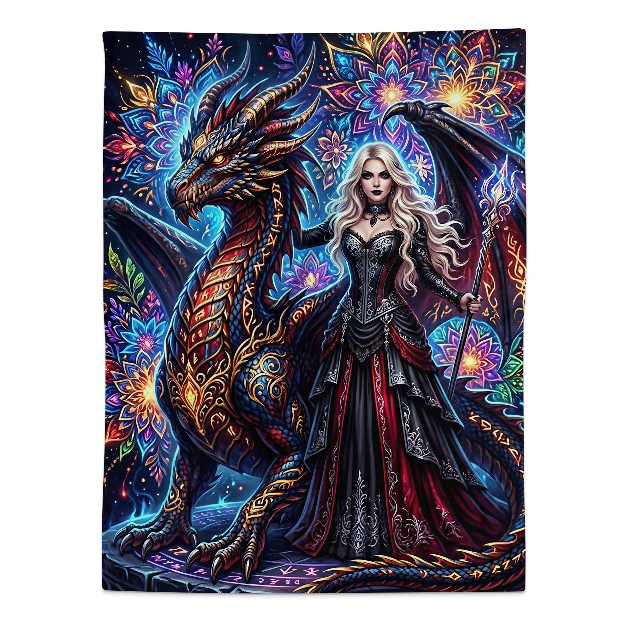 Woman with blonde hair and a dark dress next to a dragon on a colorful floral background.