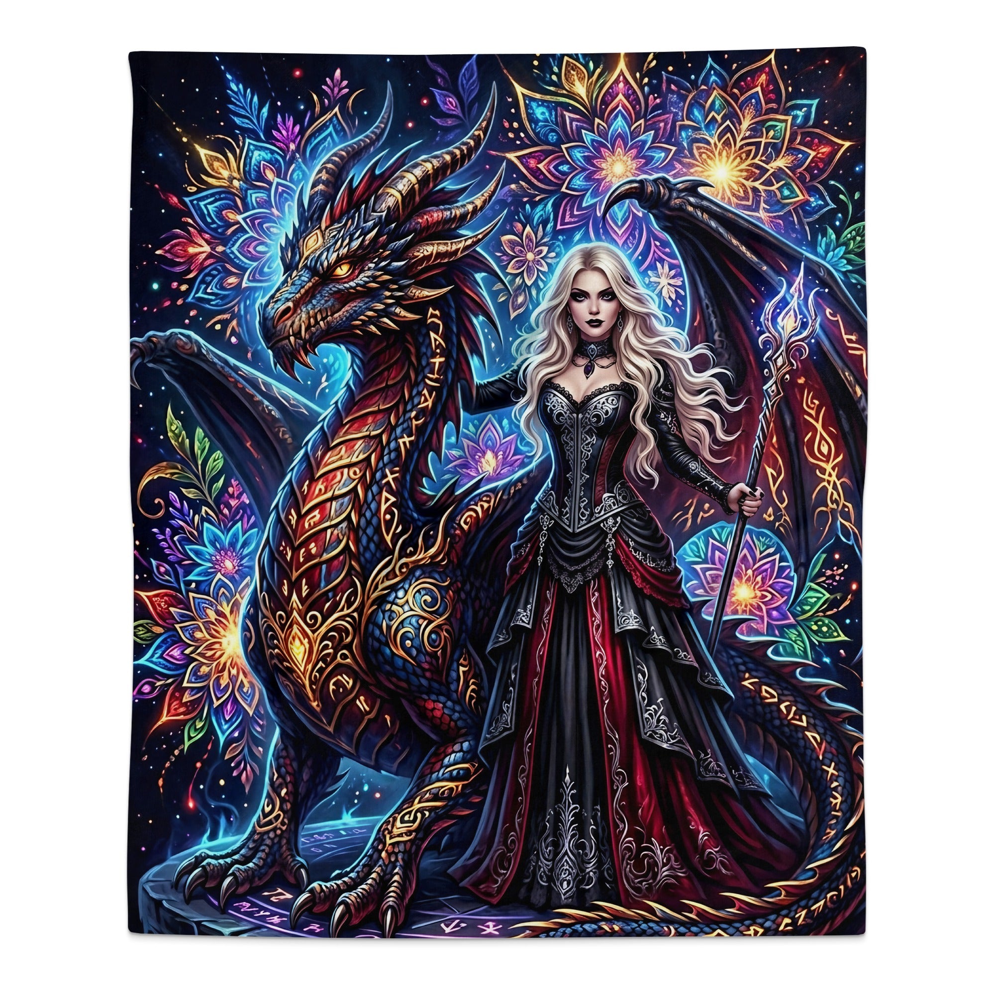 Dragon with mystical woman in ornate dress holding a staff.
