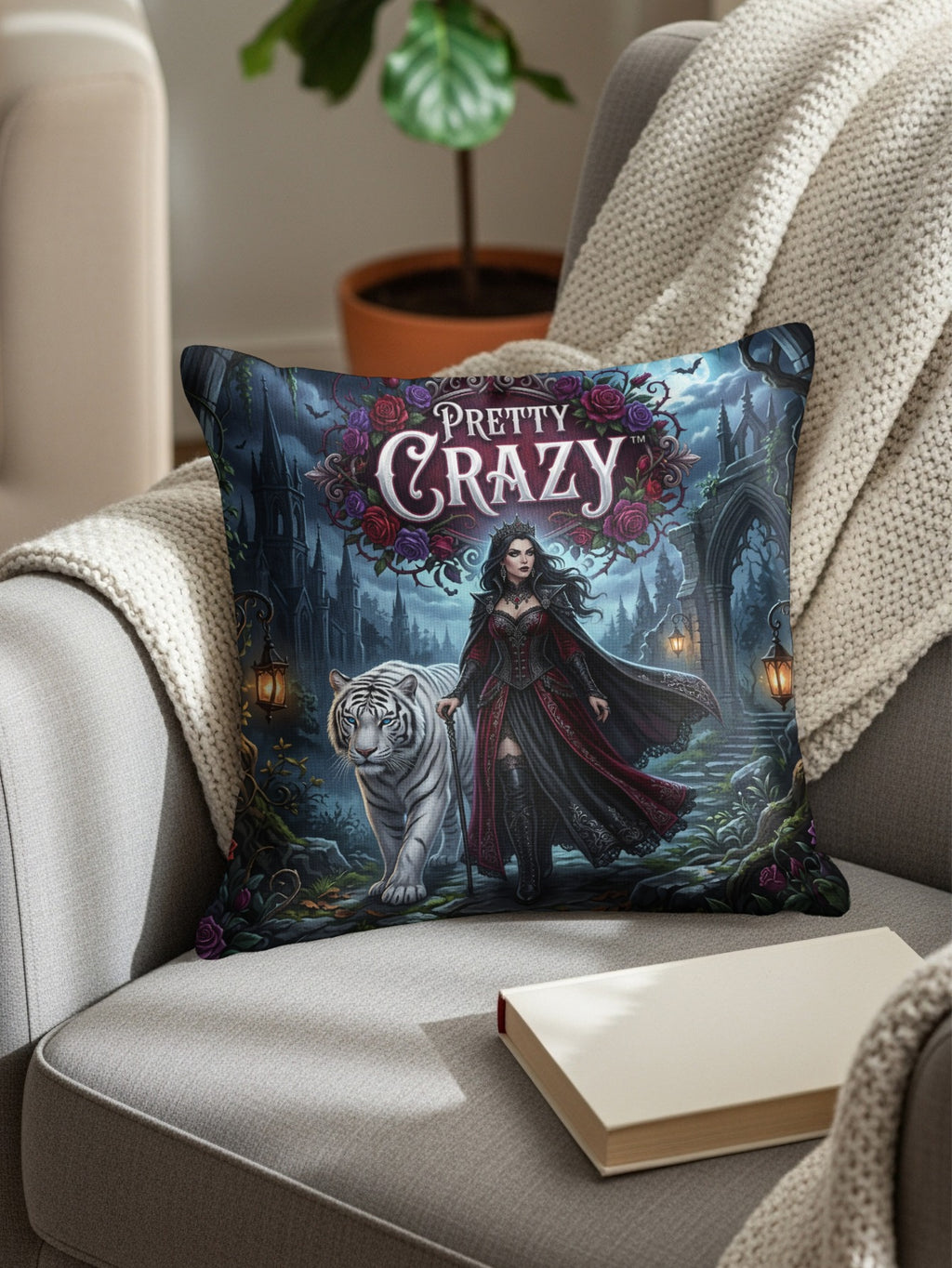 Gothic woman with white tiger in front of castle, "Pretty Crazy" logo.