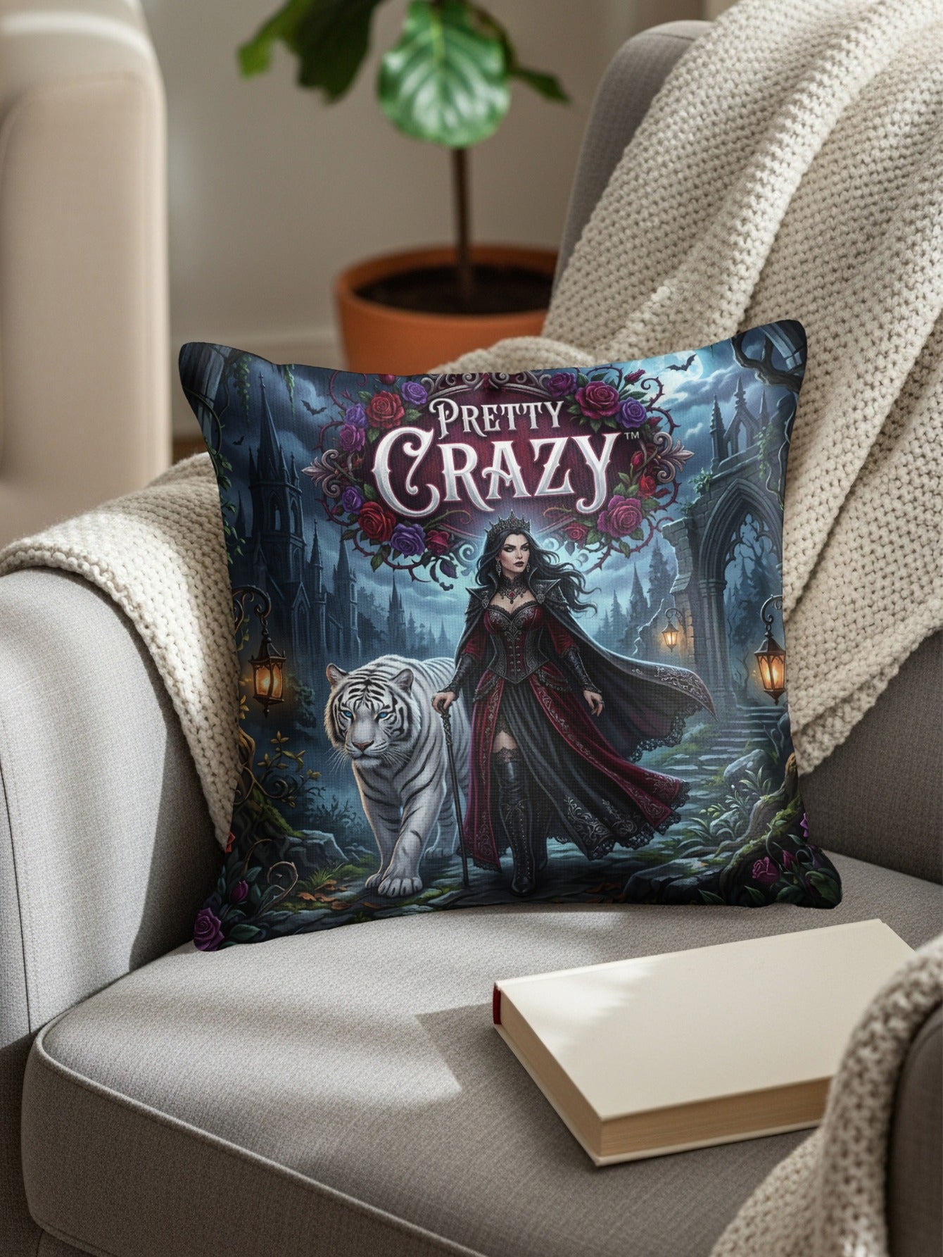 Gothic woman with white tiger in front of castle, "Pretty Crazy" logo.