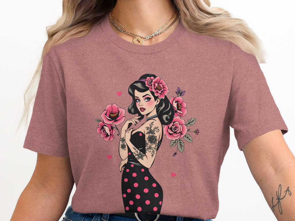 Vintage Style Girl with Flowers Graphic T-Shirt