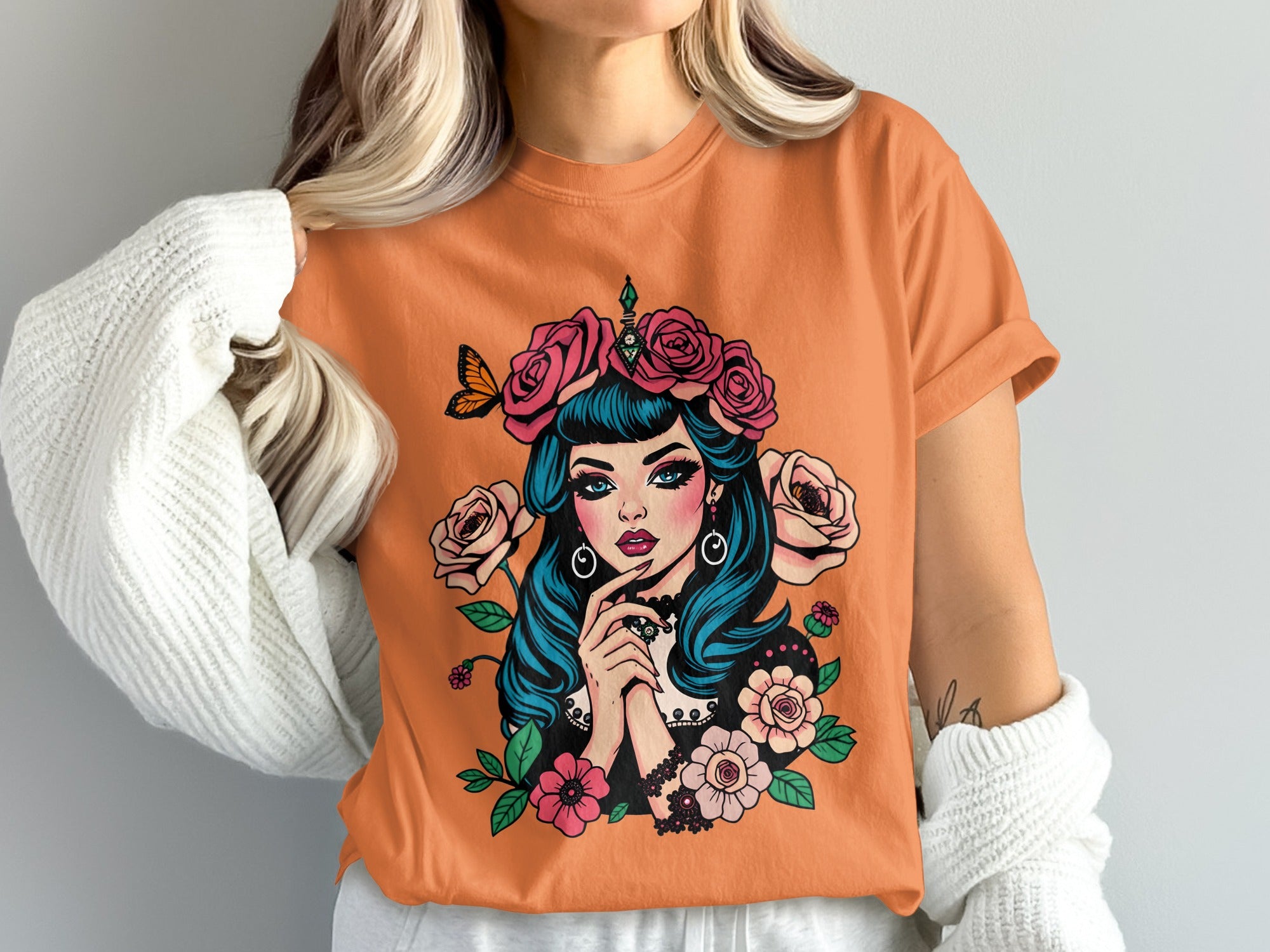 Vibrant Floral Butterfly and Blue Haired Girl Shirt