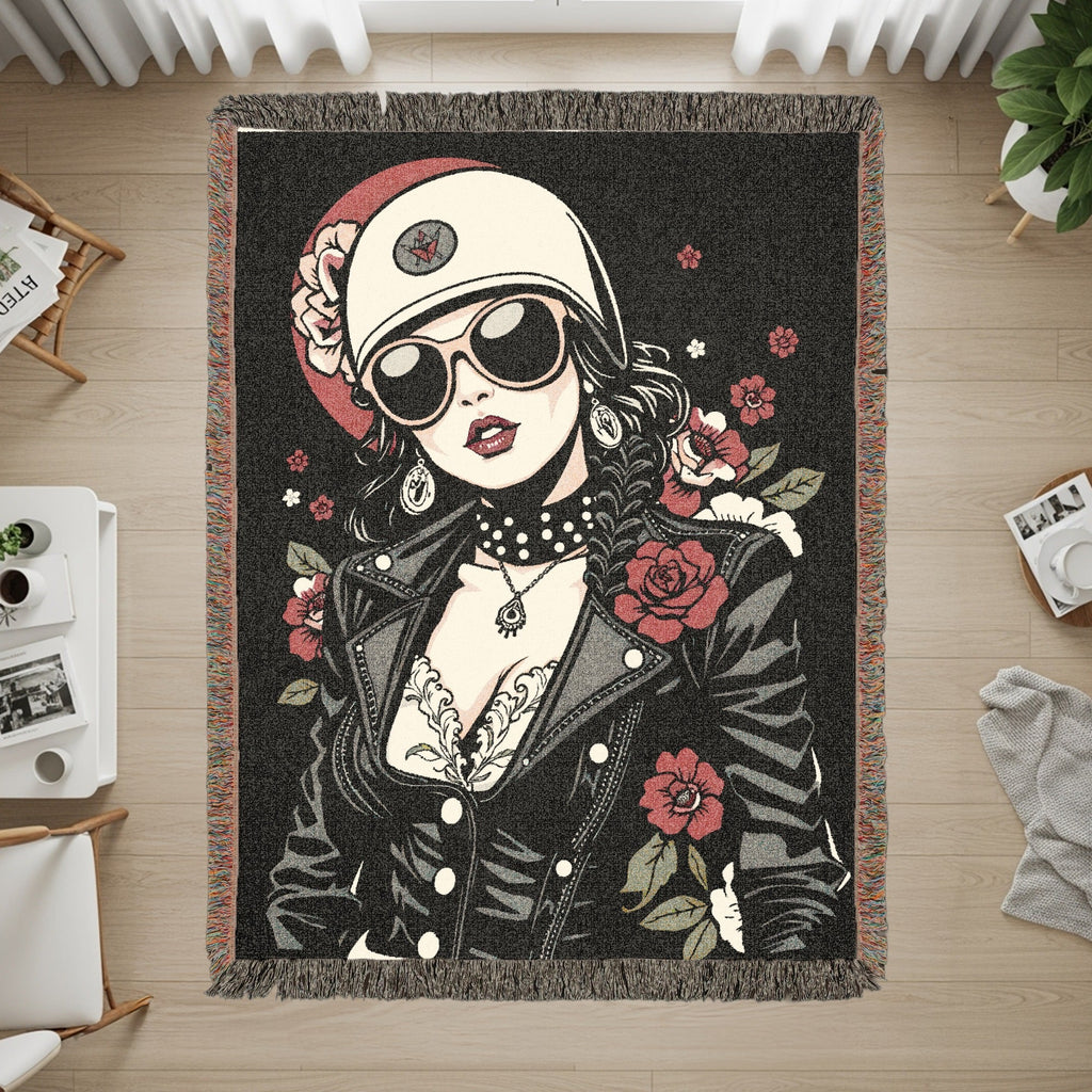 Cool Retro Biker Girl with Flowers Area Rug