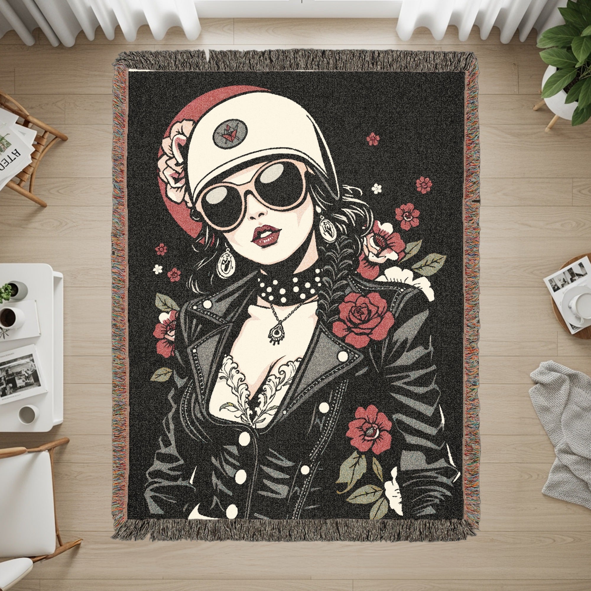 Cool Retro Biker Girl with Flowers Area Rug