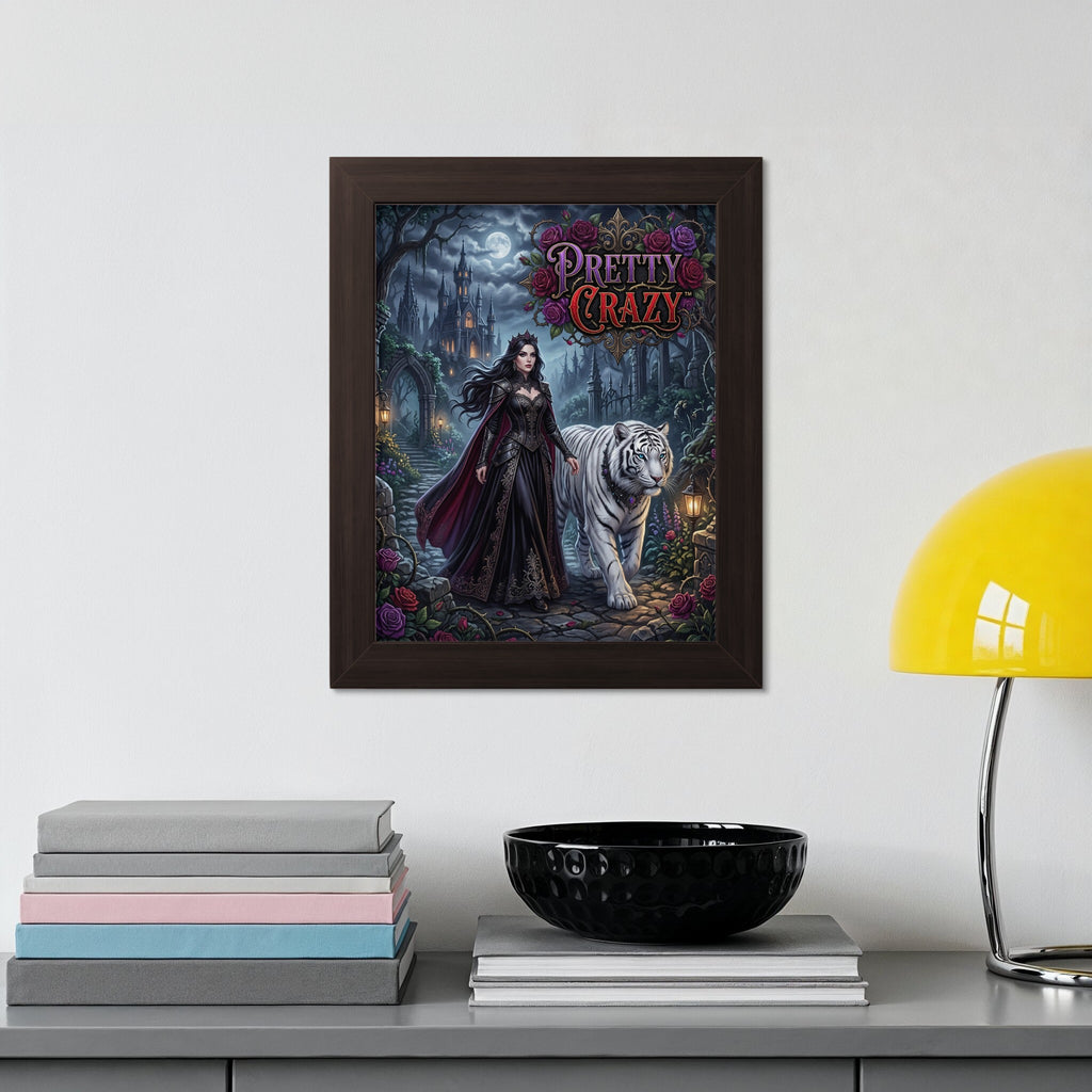 Gothic woman in red gown walks with white tiger in moonlit garden.