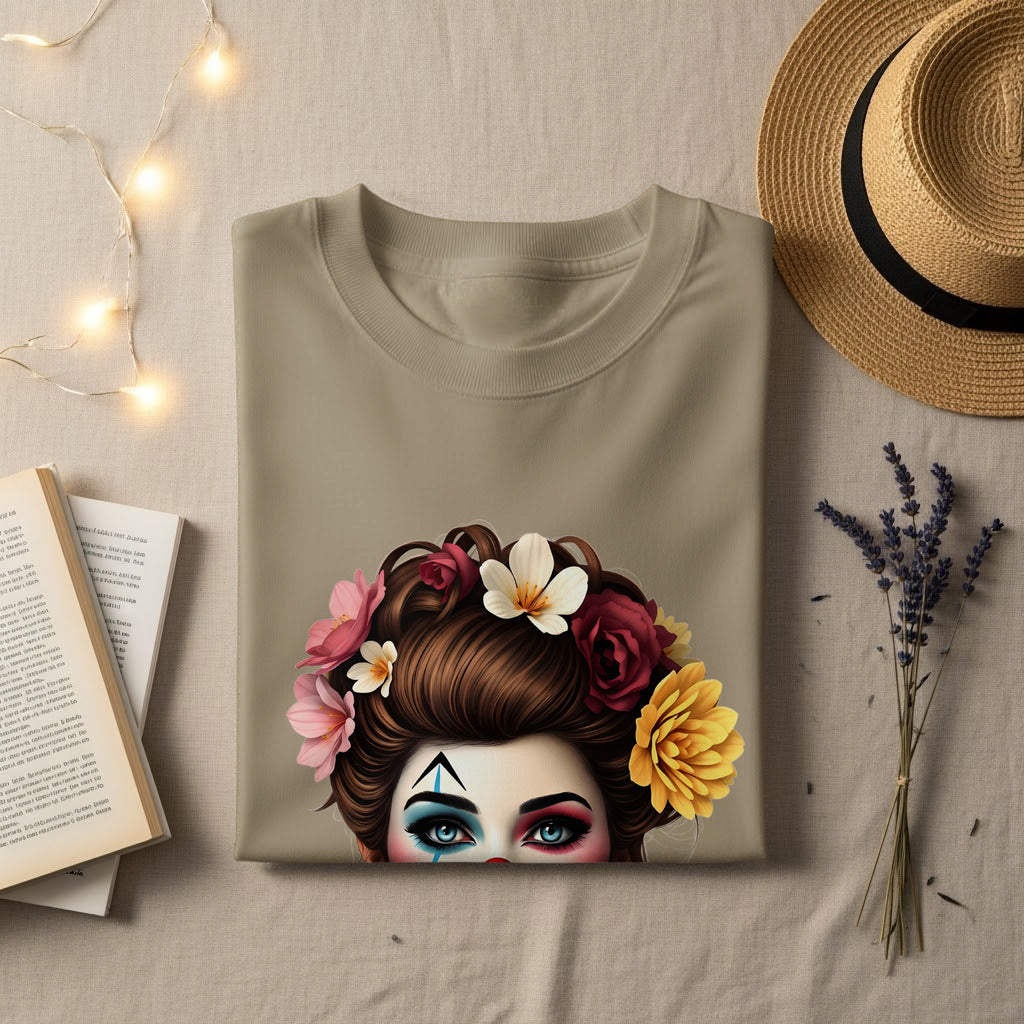 Artistic Floral Face Design on Beige Shirt