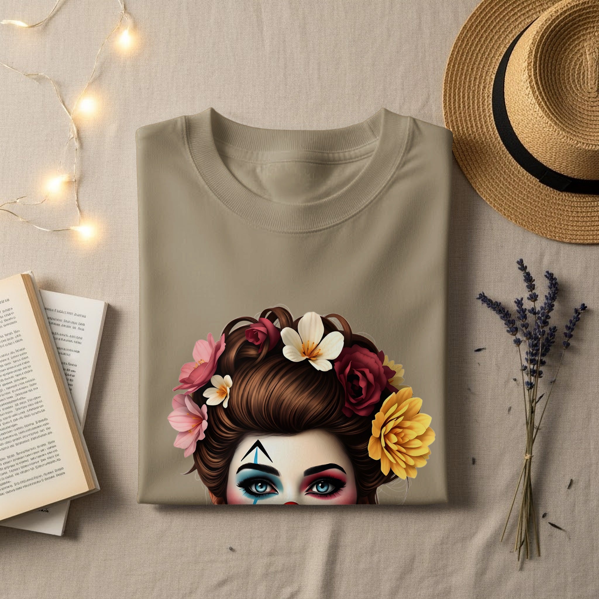 Artistic Floral Face Design on Beige Shirt