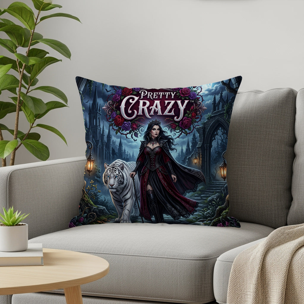 Gothic woman with white tiger in front of a dark castle, "PRETTY CRAZY" text above.