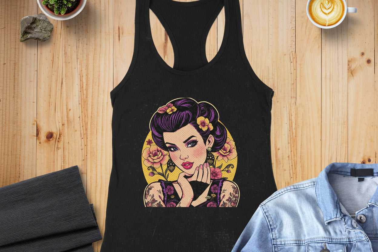 Artistic Woman in Floral Design on Black Tank Top