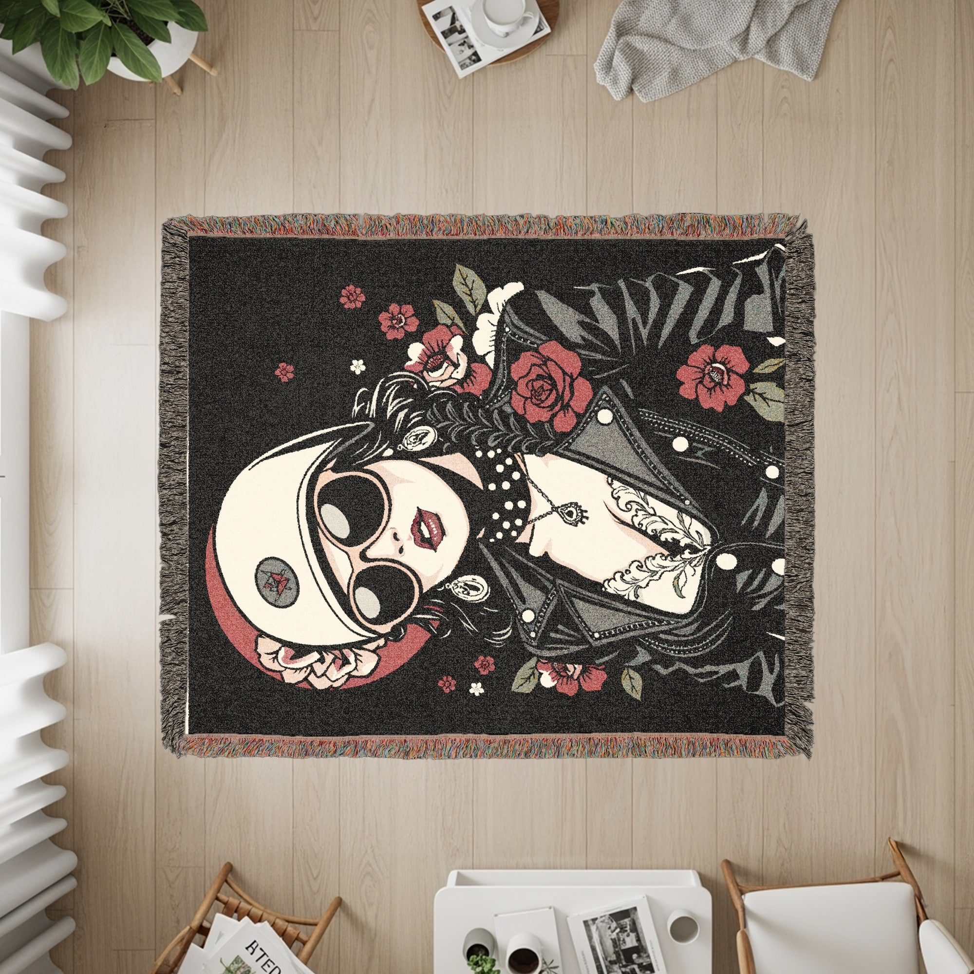 Stylish Retro Biker Chick with Roses Decorative Rug