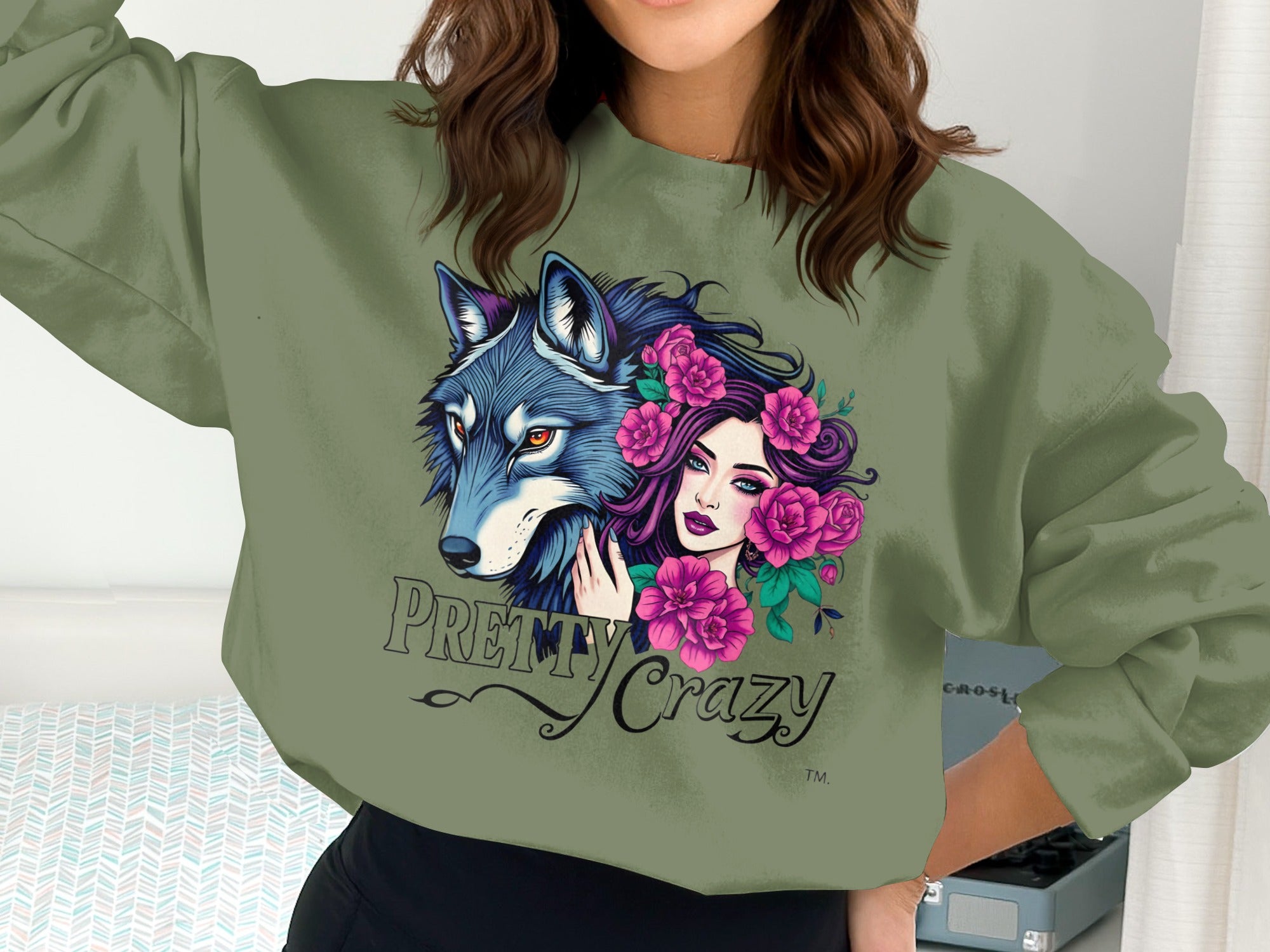 Pretty Crazy Wolf Woman Floral Art Graphic Sweatshirt product type
Wolf graphic
Woman illustration
Floral design
Pretty Crazy
Graphic sweatshirt
Animal print
Fantasy art
Unique design
Edgy style
Vibrant print
Statement piece
Pop art
Mystical creature
Bohemian aesthetic
Artistic clothing
Pink flower
Blue wolf
Olive green
Crewneck top
Wild spirit