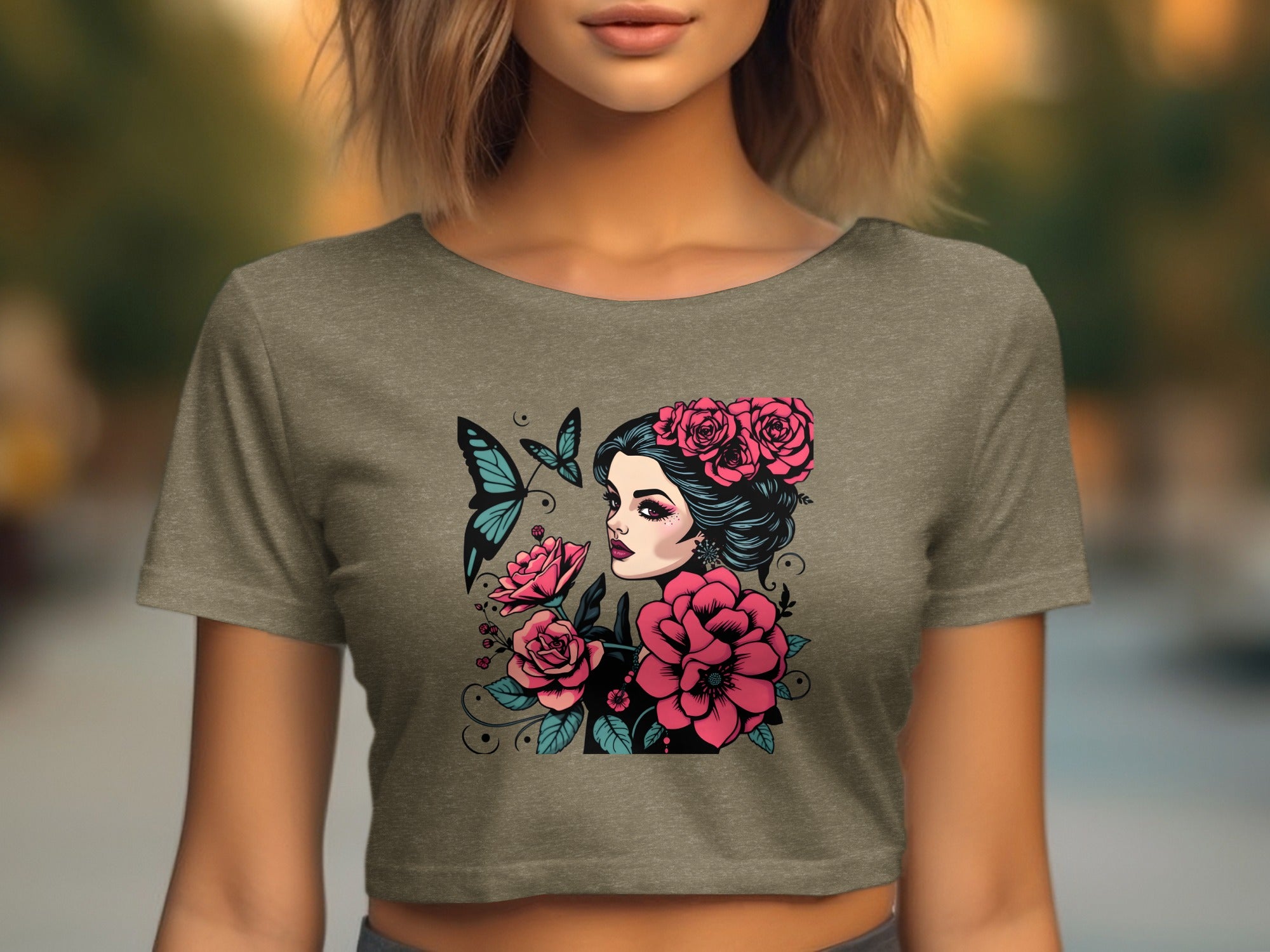 Floral Hair Woman with Butterflies Design Top