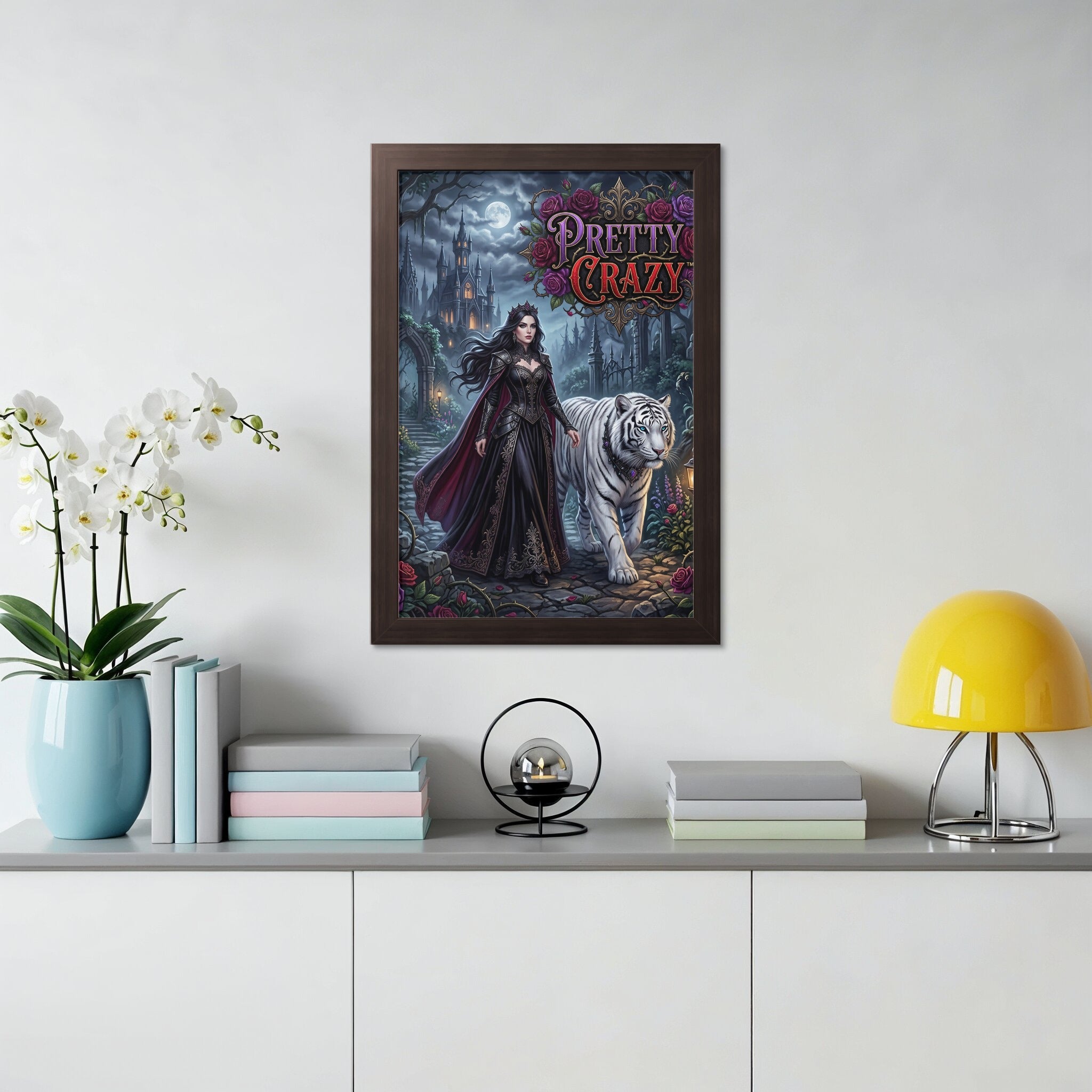 Gothic woman with white tiger walks path in moonlit castle garden.