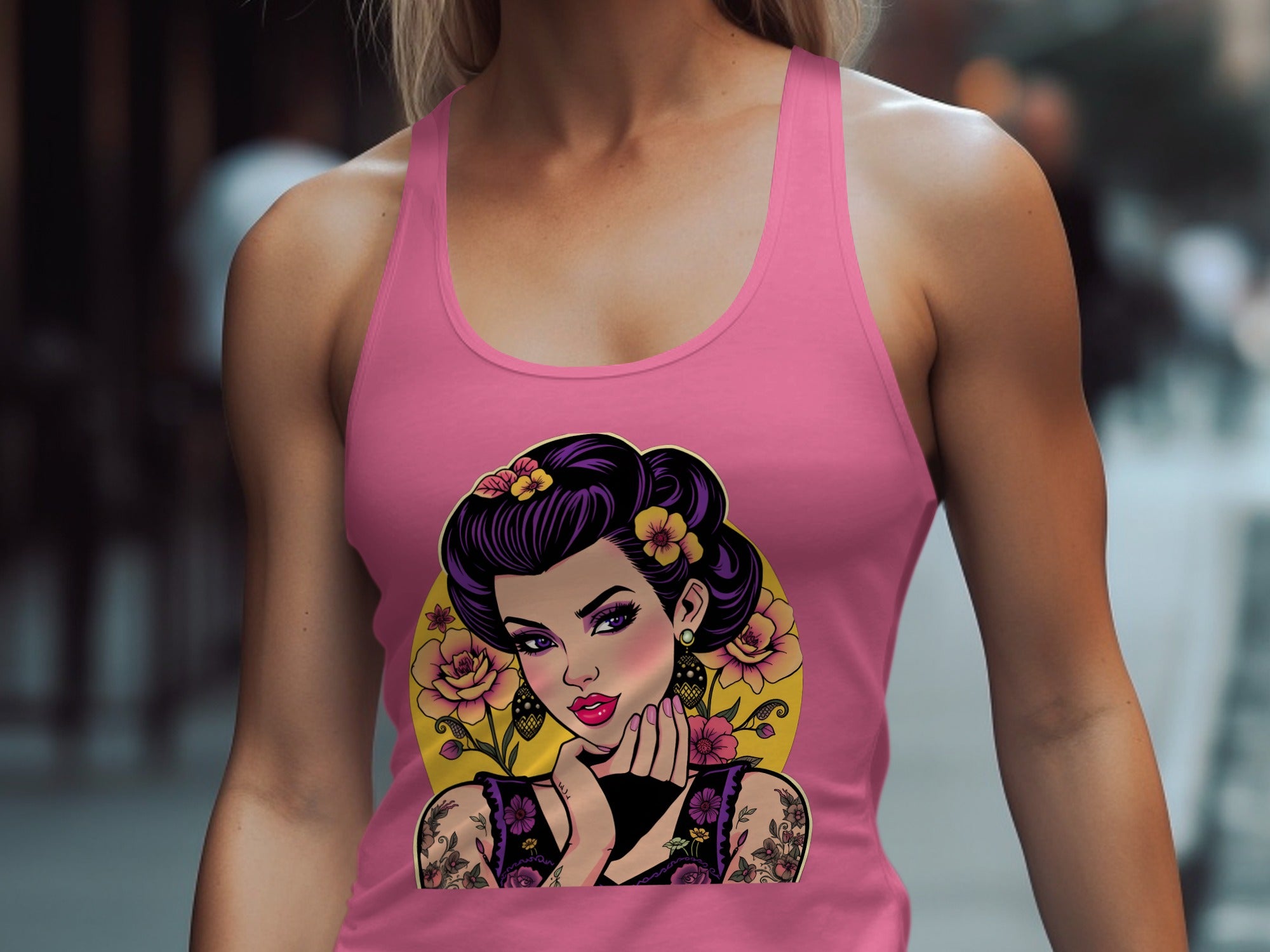 Vibrant Retro Tattoo Style Floral Graphic Tank Top