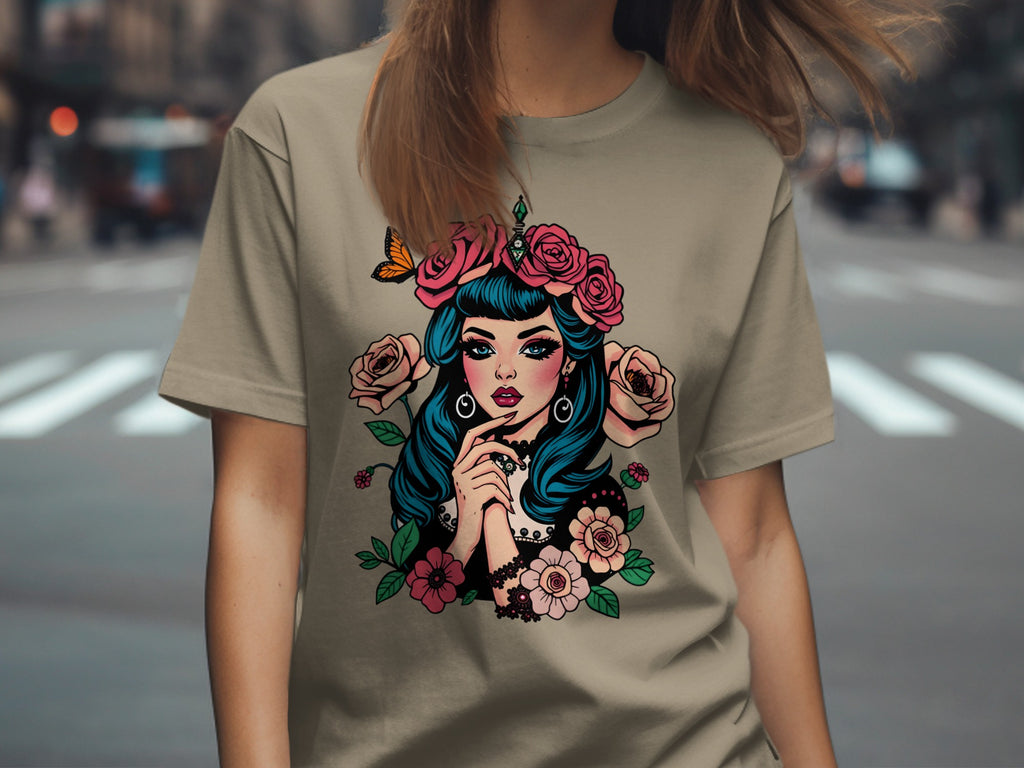 Stylish Retro Girl and Flowers Graphic Tee Shirt