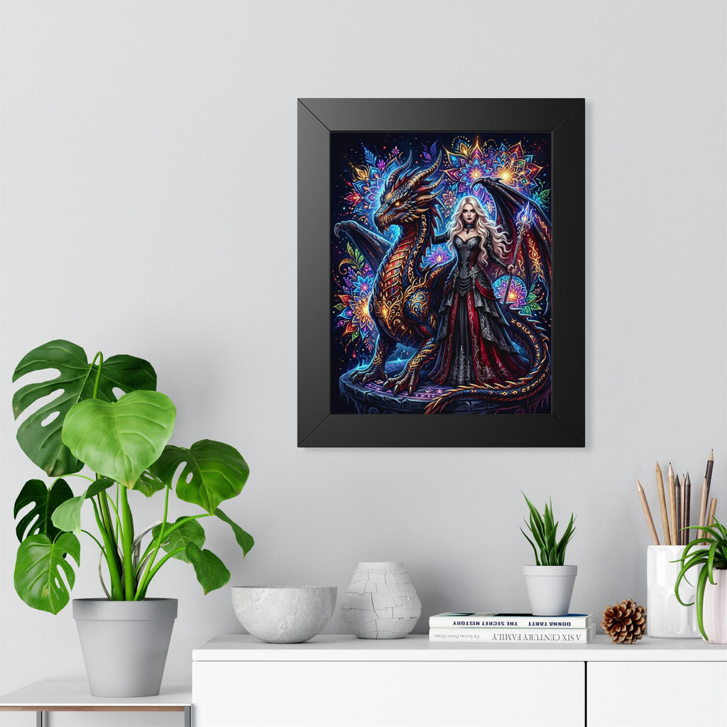Woman with dragon, surrounded by colorful mandala patterns, framed art.