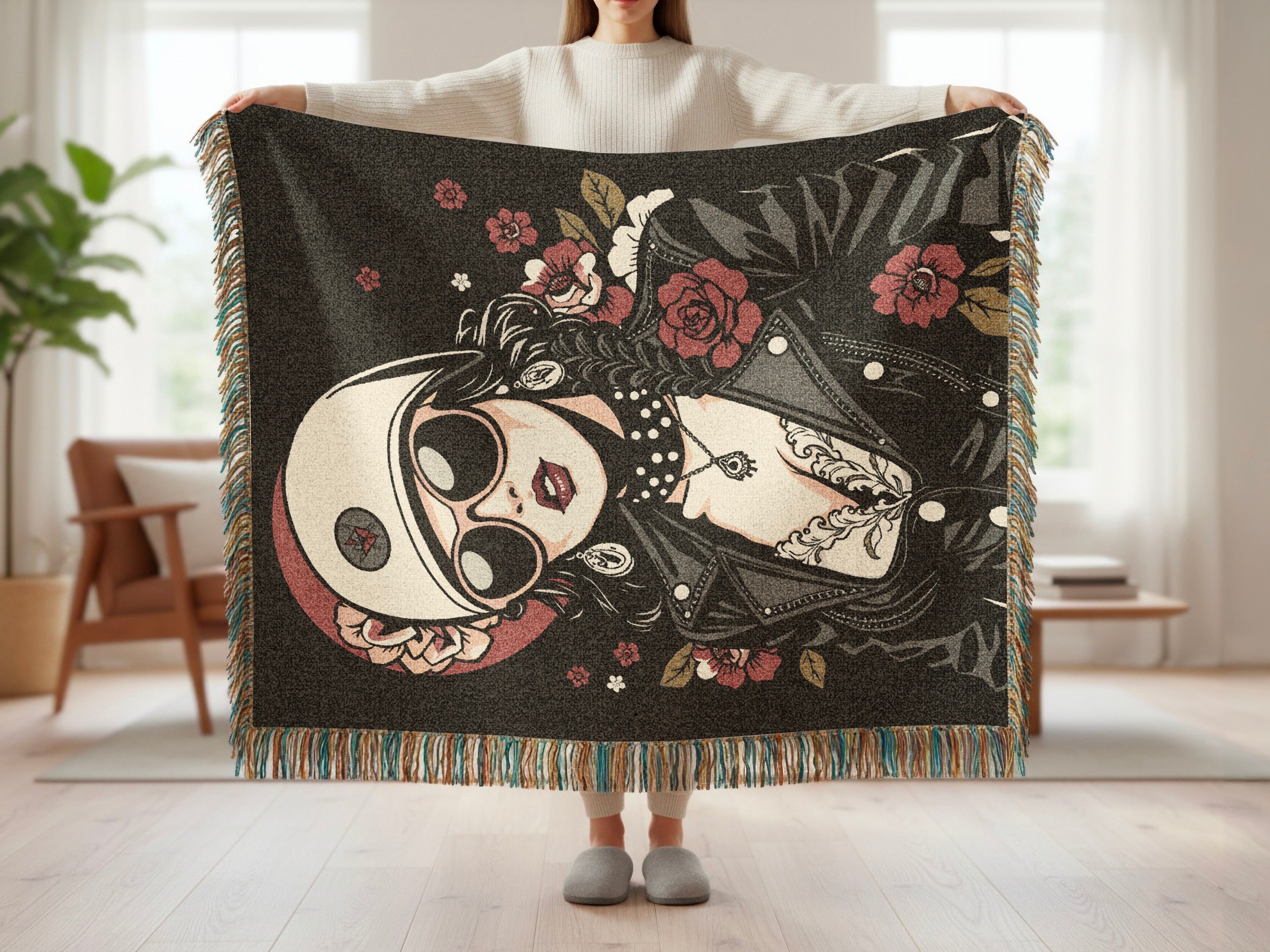 Retro Cool Illustrated Woman in Helm and Glasses Blanket