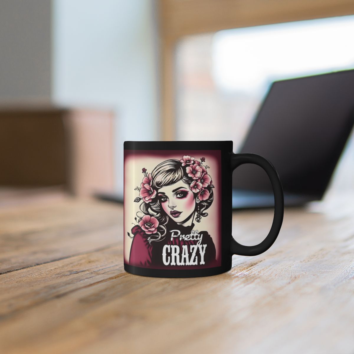 Pretty Crazy Girl with Flowers Print Ceramic Mug