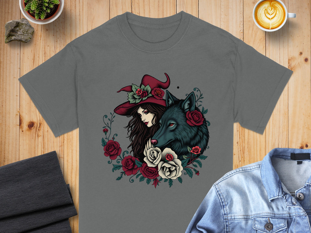 Mystical Witch with Wolf and Roses Graphic T-Shirt