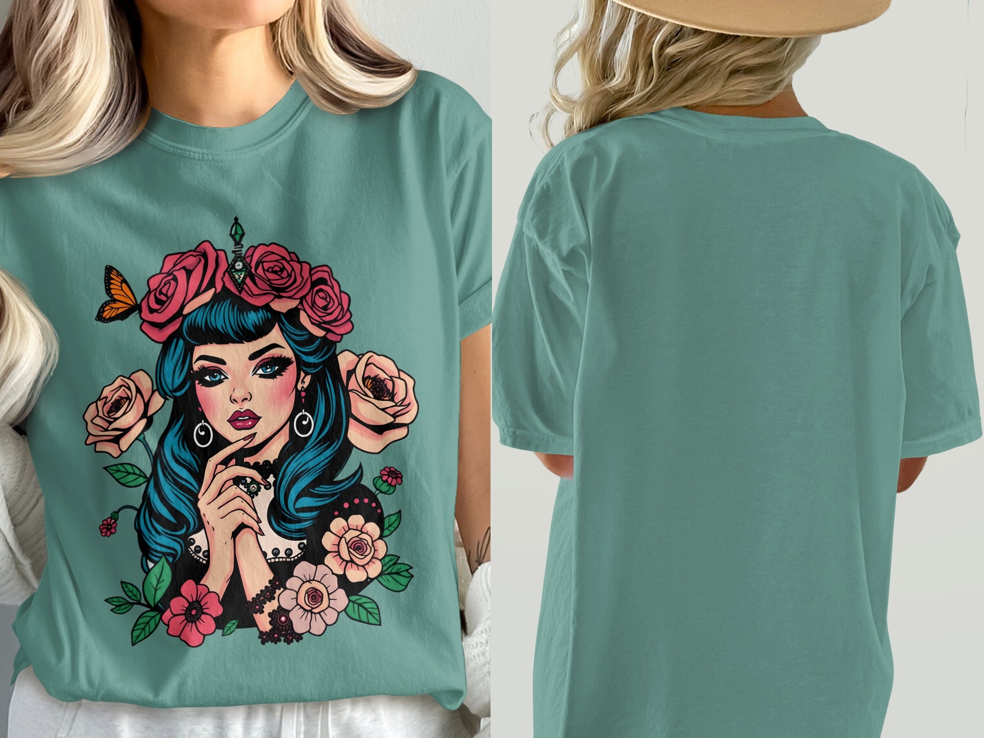 Vintage Style Girl with Roses and Butterfly T-shirt