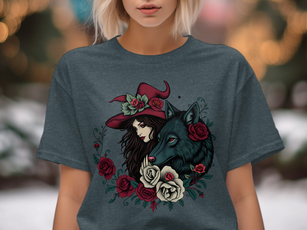 Enchanting Witch and Wolf Graphic Tee with Floral Design