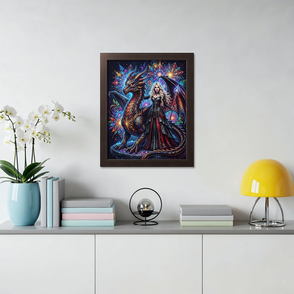Fantasy art print of a woman with a dragon, displayed on a wall.